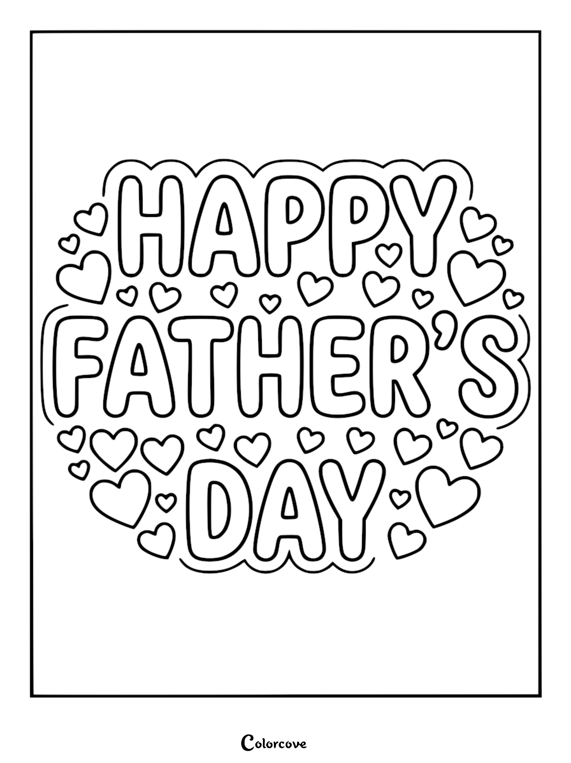 A printable Happy Father's Day coloring page featuring bold bubble letters surrounded by numerous floating heart shapes.