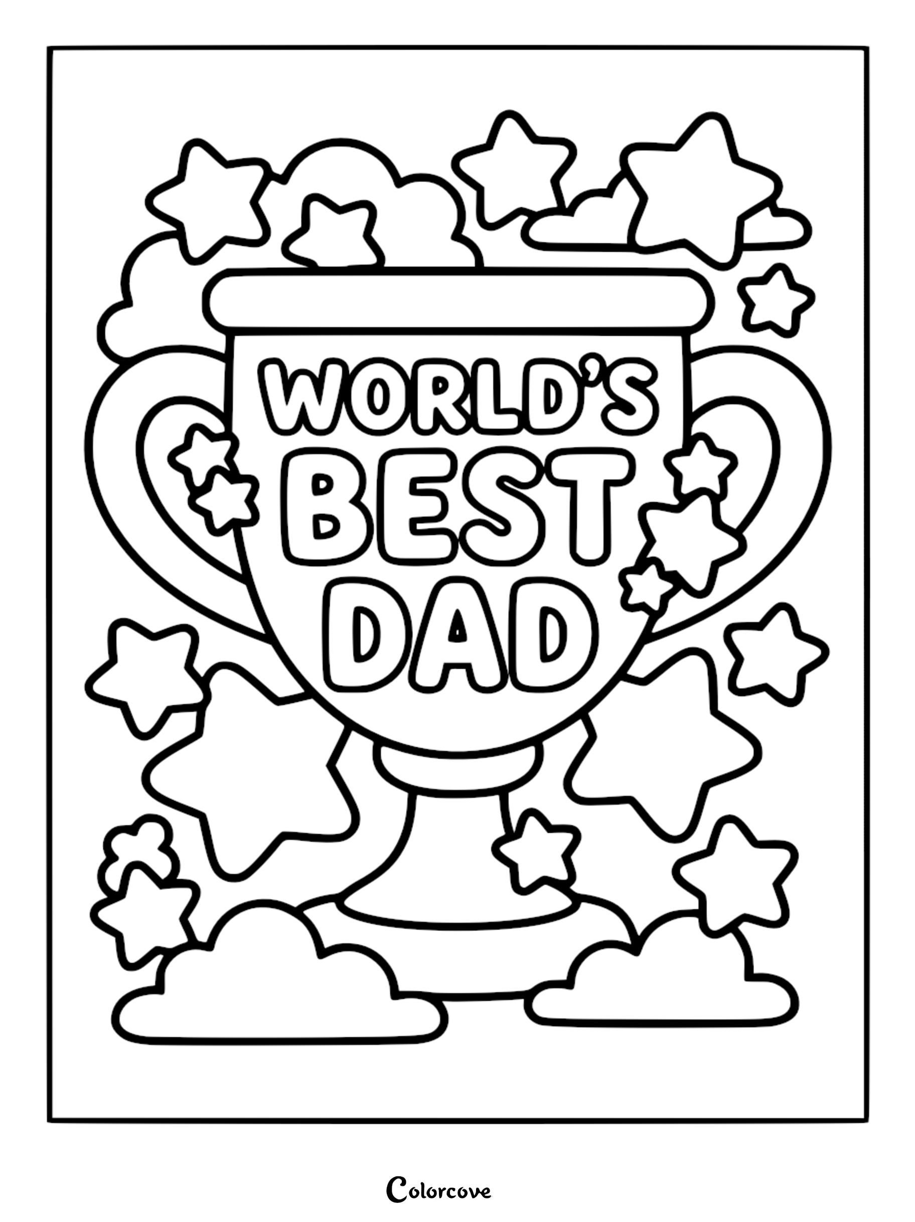 A printable Father's Day coloring page featuring a large trophy with the text World's Best Dad surrounded by multiple star shapes and clouds.