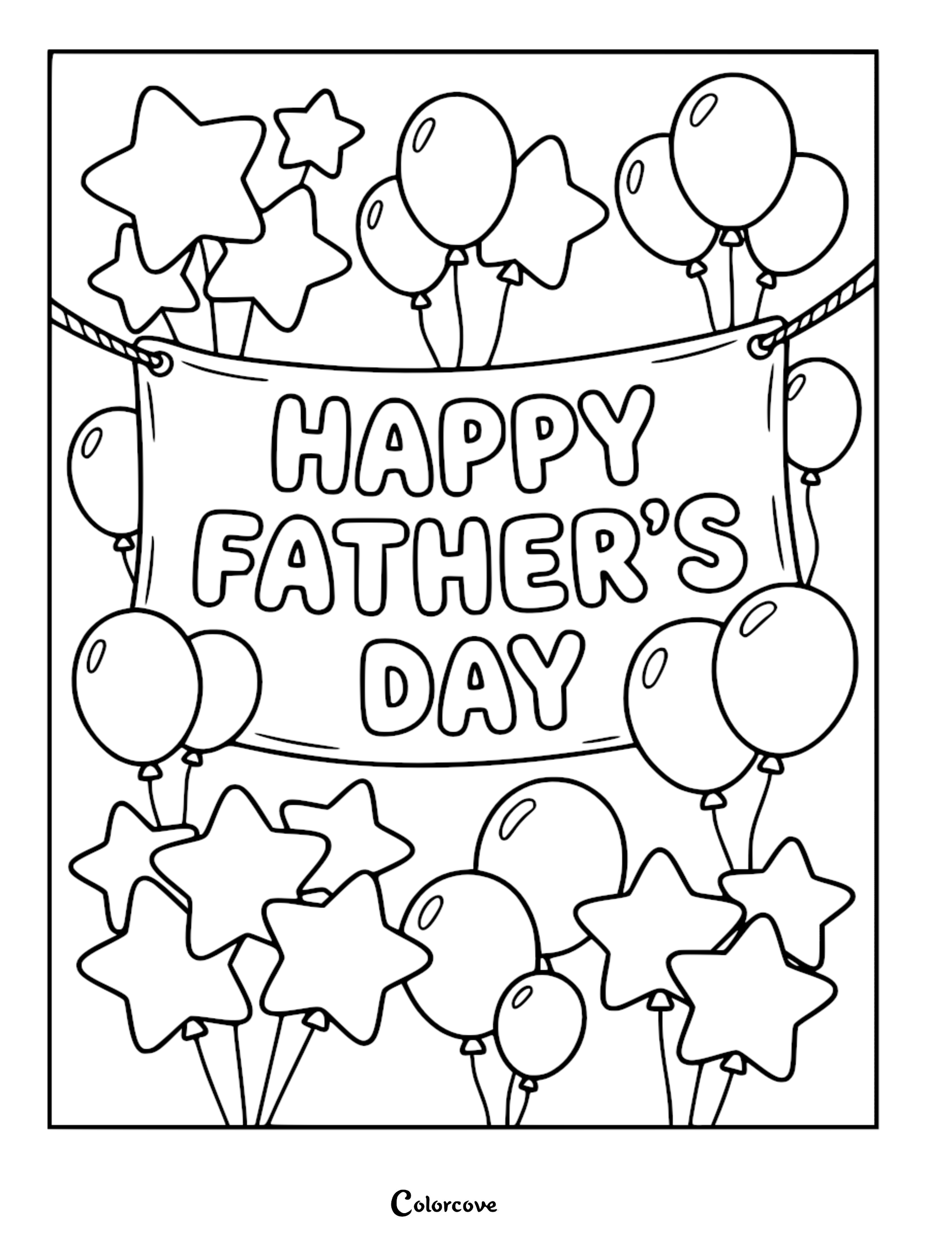 A printable Happy Father's Day coloring page featuring a large central banner surrounded by festive star-shaped and oval balloons.