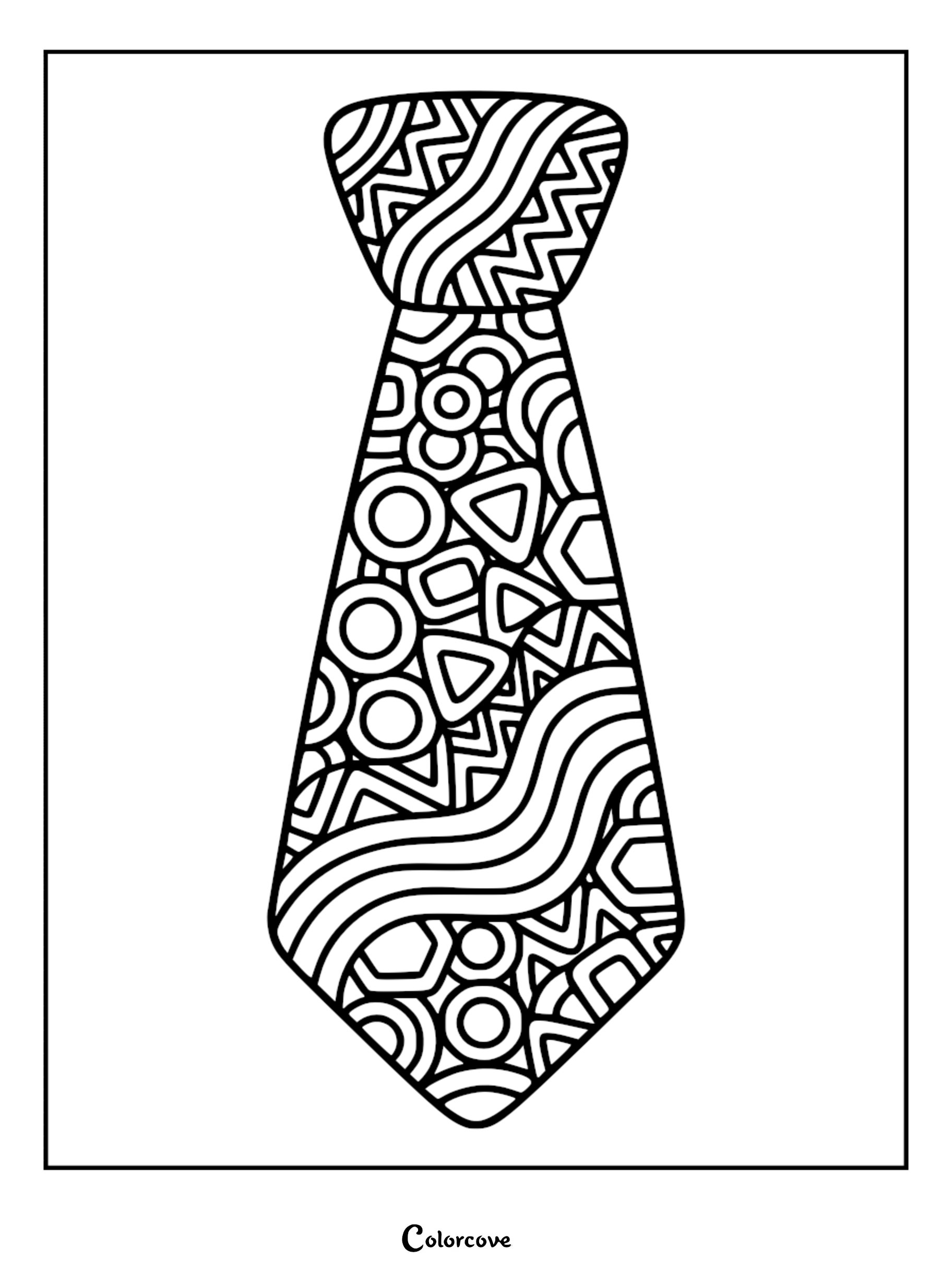 A Zentangle-inspired Father's Day necktie coloring page featuring intricate patterns of circles, triangles, zigzags, and wavy lines.