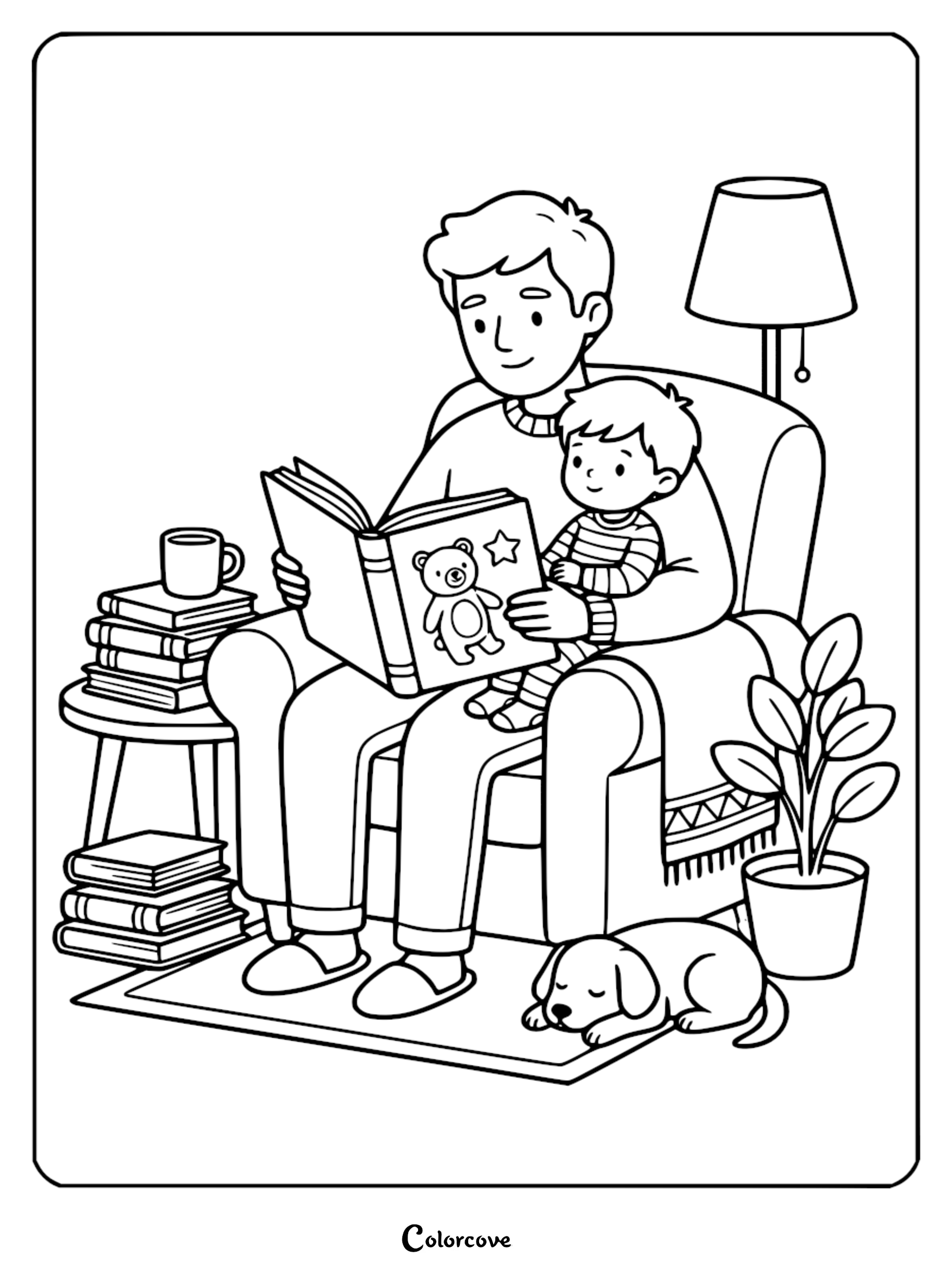 Father and young son sitting in a comfortable armchair reading a book with a teddy bear illustration, while a puppy sleeps on the floor, line art coloring page.