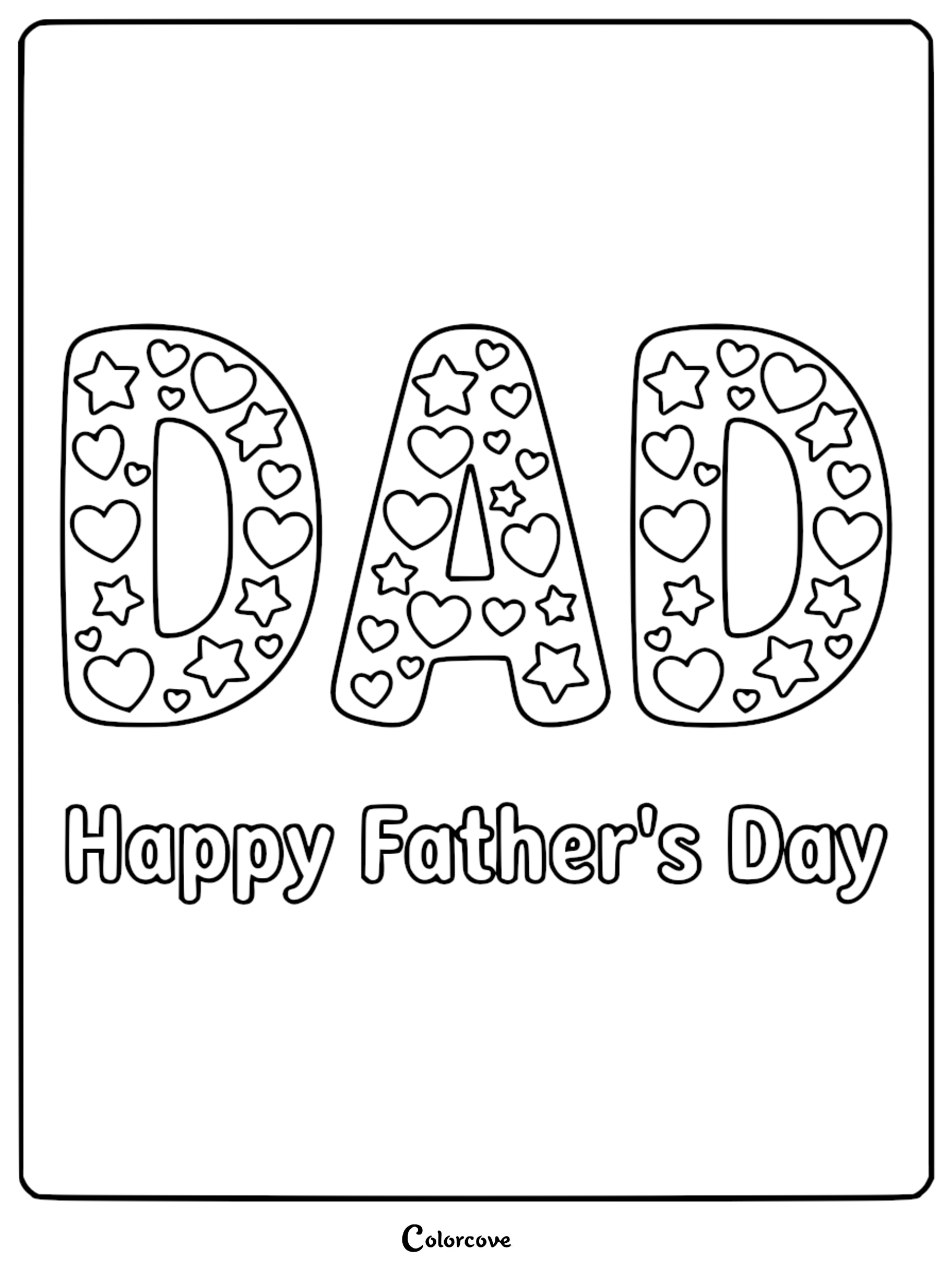 A black and white printable coloring page featuring the word DAD filled with stars and hearts, with text below reading Happy Father's Day.