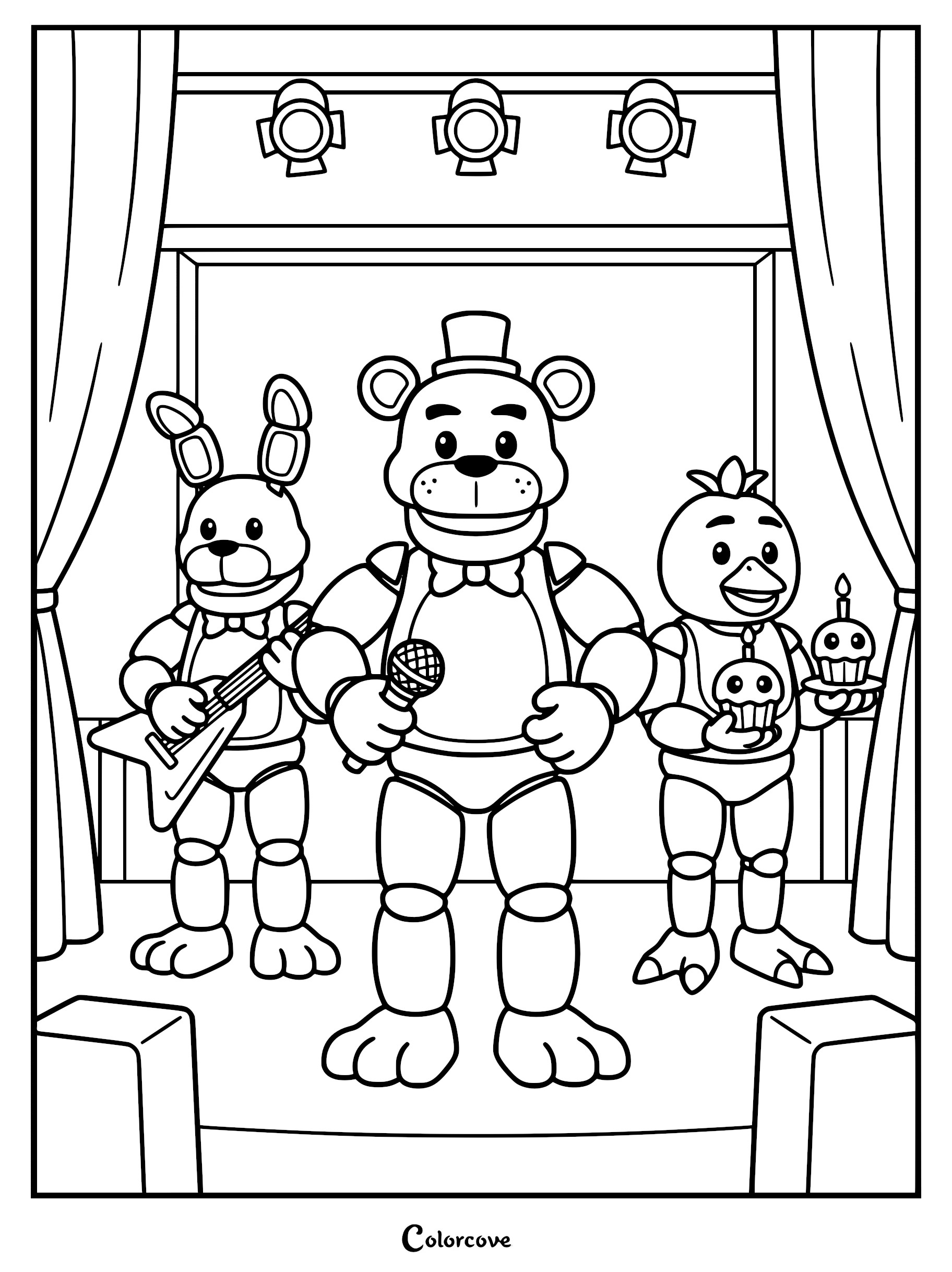 A printable coloring page featuring Freddy Fazbear holding a microphone, Bonnie playing a guitar, and Chica holding Mr. Cupcake on a stage with curtains.