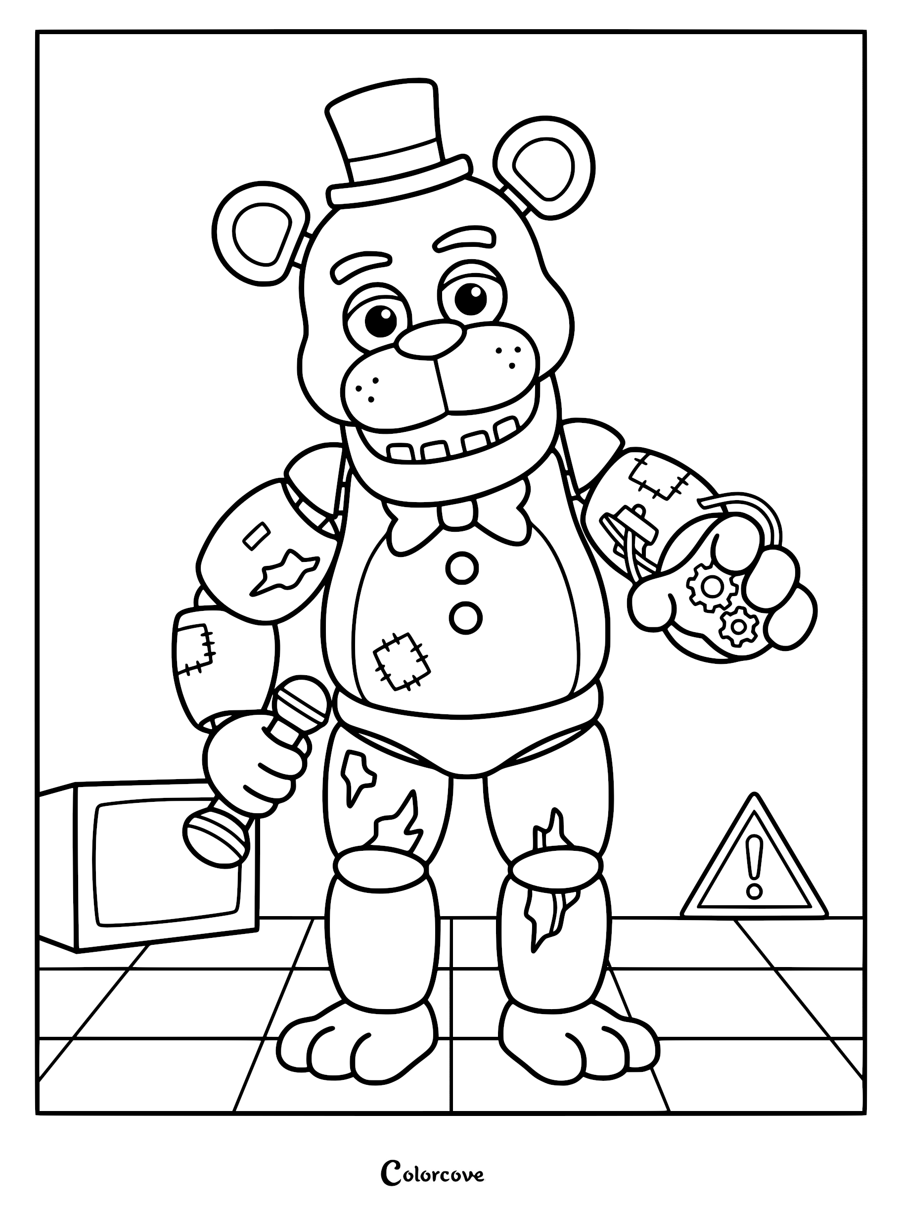 A detailed coloring page of Withered Freddy Fazbear with exposed endoskeleton gears in his arm, holding a microphone in a tiled room with a warning sign.