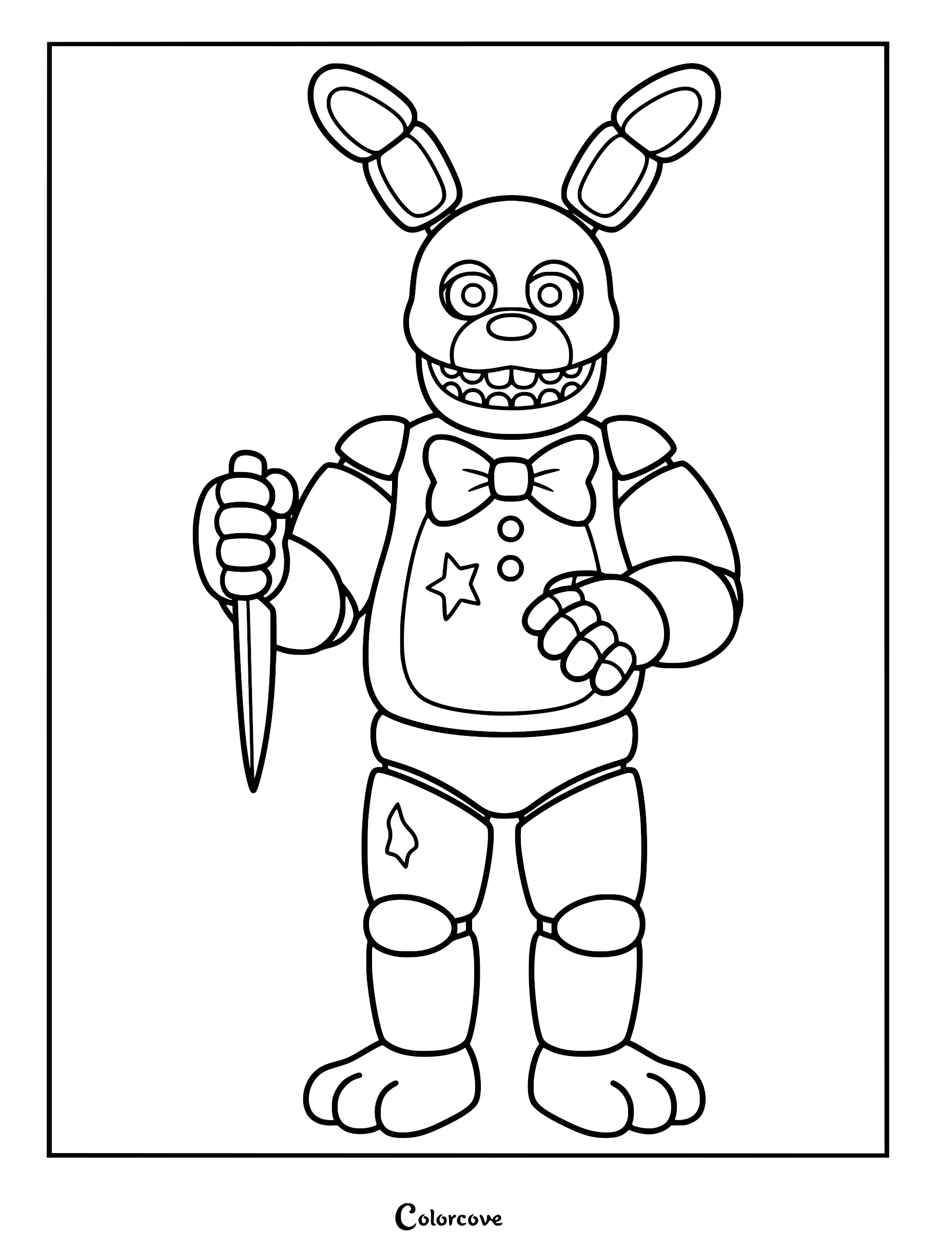 Rockstar Bonnie from Five Nights at Freddy's holding a knife in this printable coloring page.