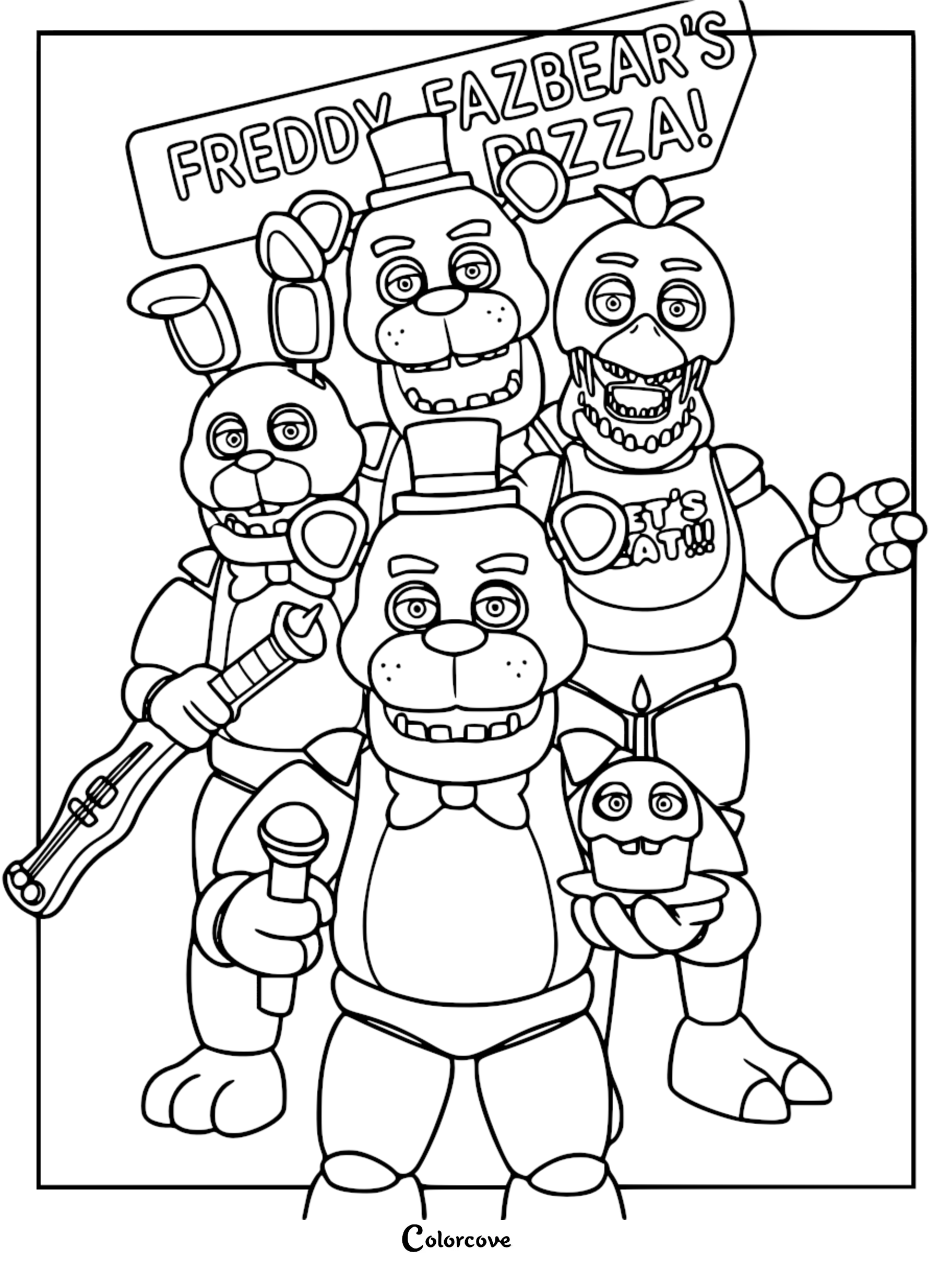 Black and white coloring page featuring Freddy Fazbear, Bonnie, and Chica standing beneath a Freddy Fazbear's Pizza sign.