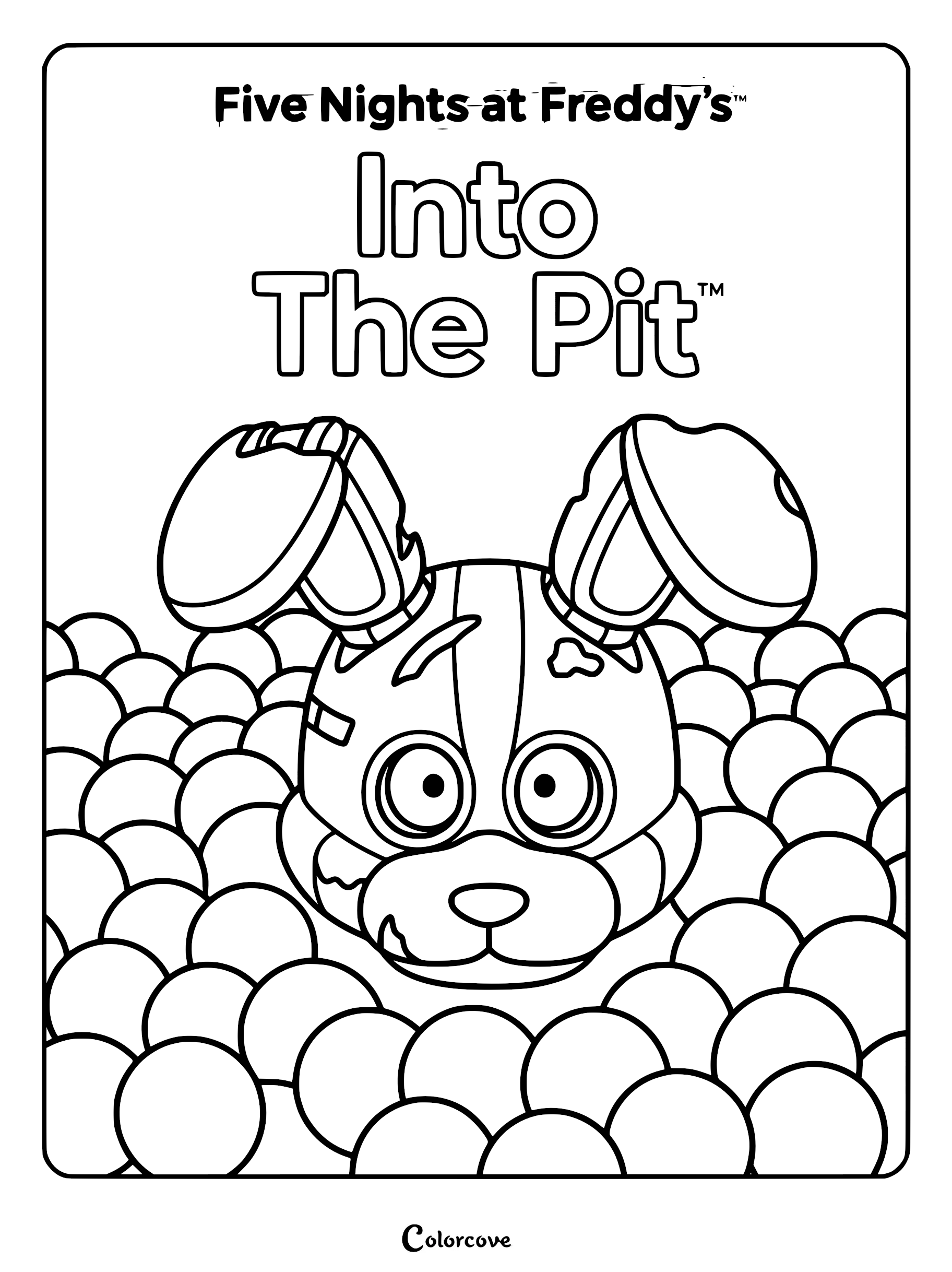 A printable coloring page featuring the head of Spring Bonnie emerging from a ball pit, with the text Five Nights at Freddy's Into The Pit above.