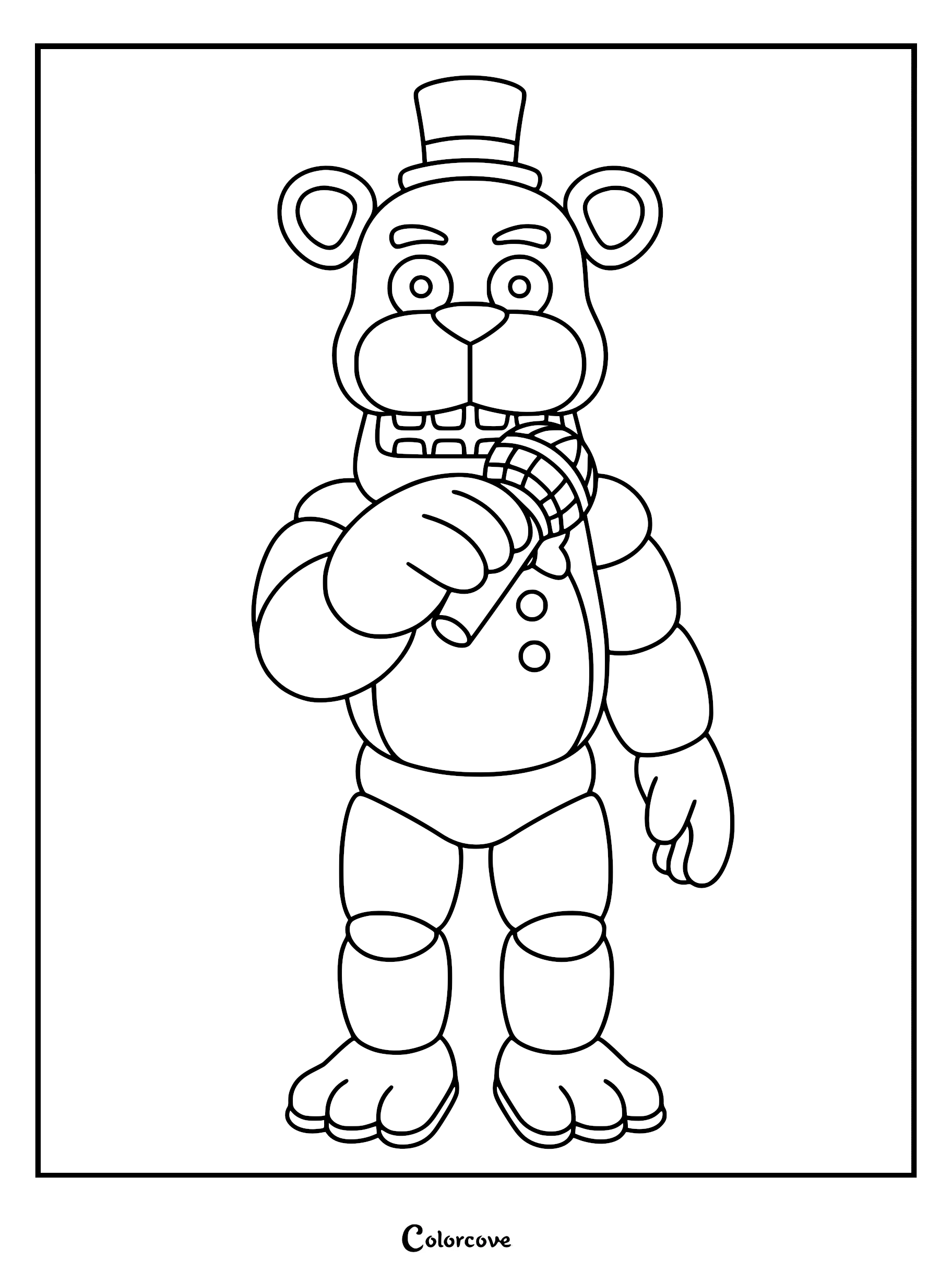 A printable coloring page featuring Freddy Fazbear holding a microphone, wearing his signature top hat and bowtie.