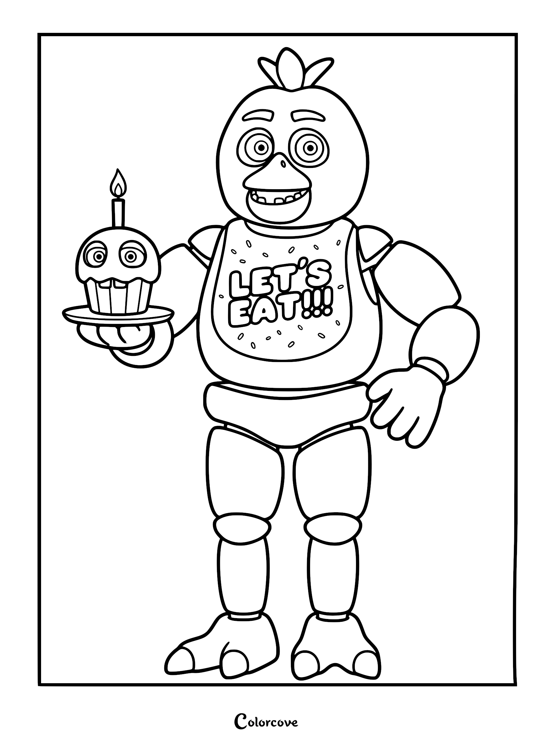 Chica from Five Nights at Freddy's holding Mr. Cupcake on a plate, featuring her LET'S EAT bib, presented as a printable coloring page.