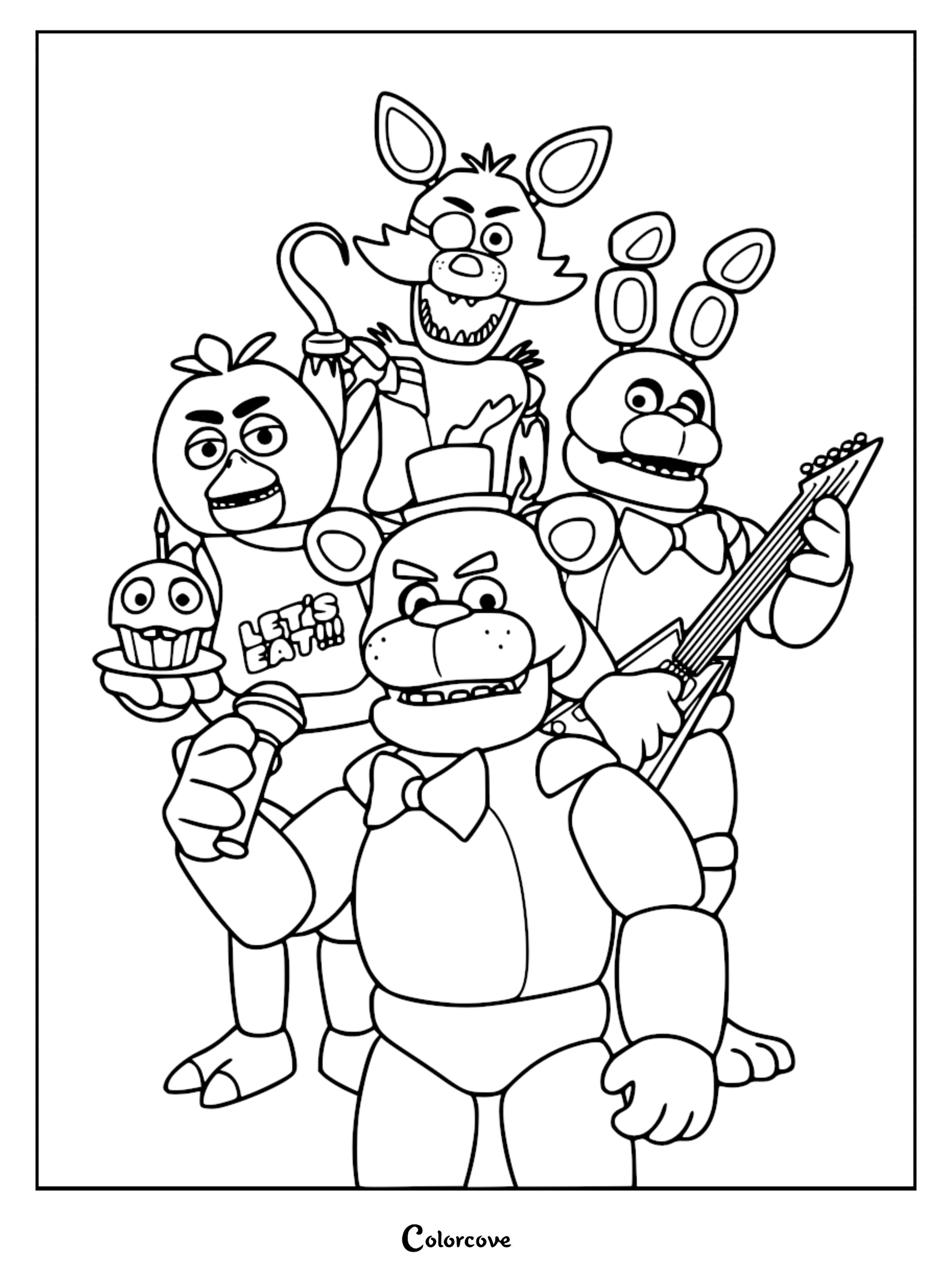 Line art coloring page featuring Freddy Fazbear with a microphone, Bonnie playing a guitar, Chica holding Mr. Cupcake, and Foxy with his hook.