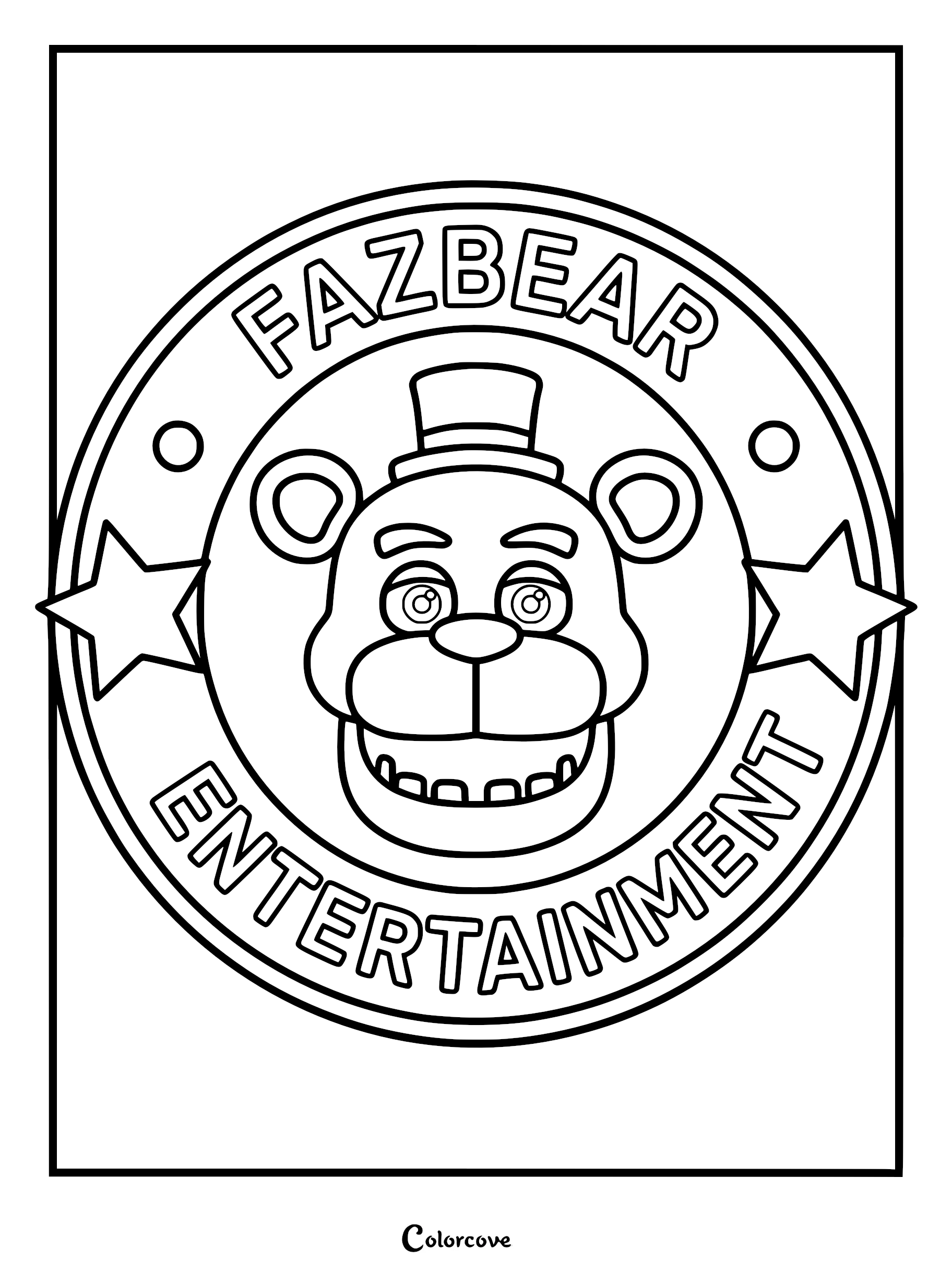 A printable coloring page featuring the circular Fazbear Entertainment logo with Freddy Fazbear's face in the center, surrounded by stars and text.
