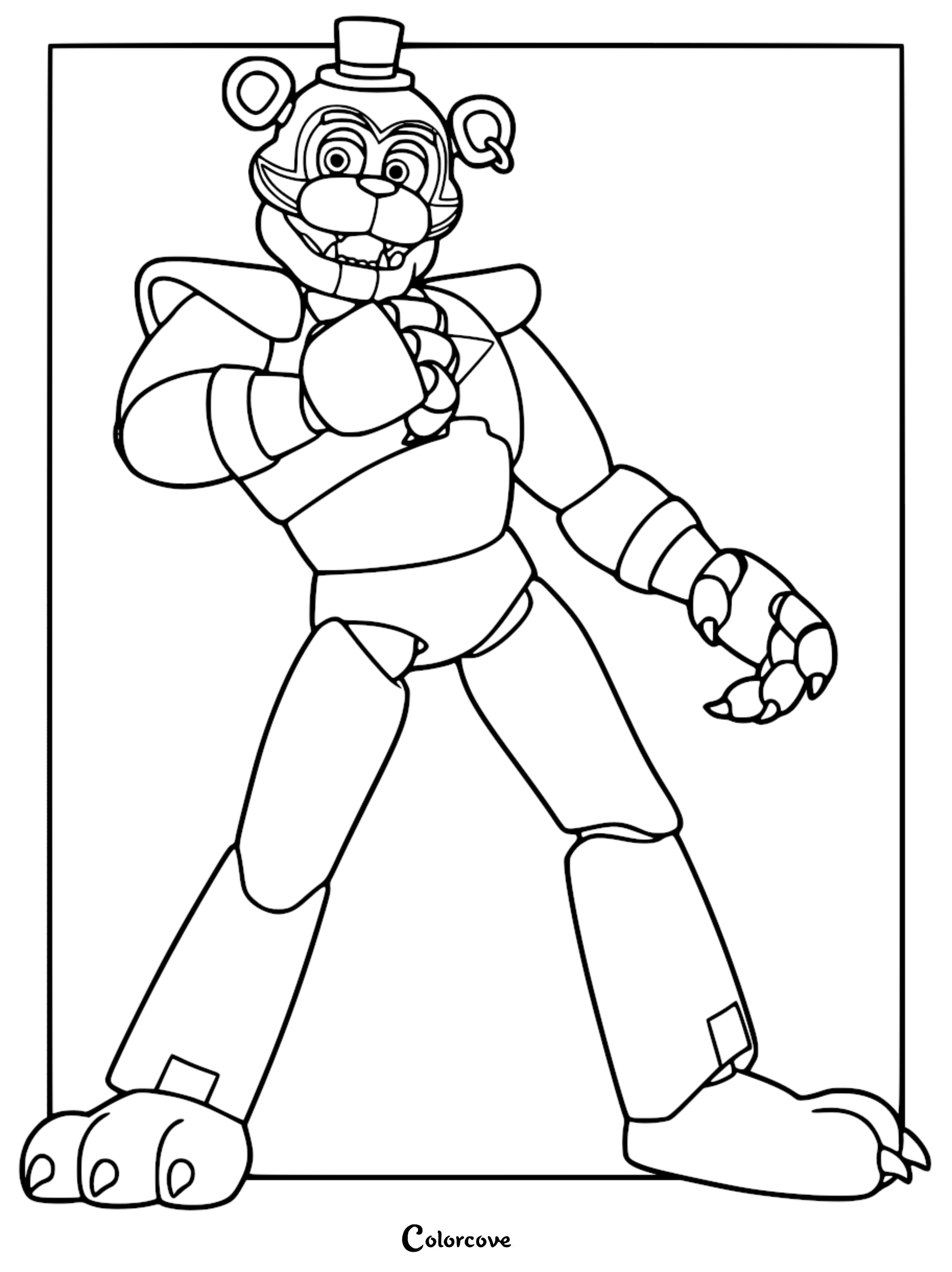 Glamrock Freddy standing in a confident pose, featuring his signature shoulder pads, top hat, and star-shaped chest emblem in a printable coloring page format.
