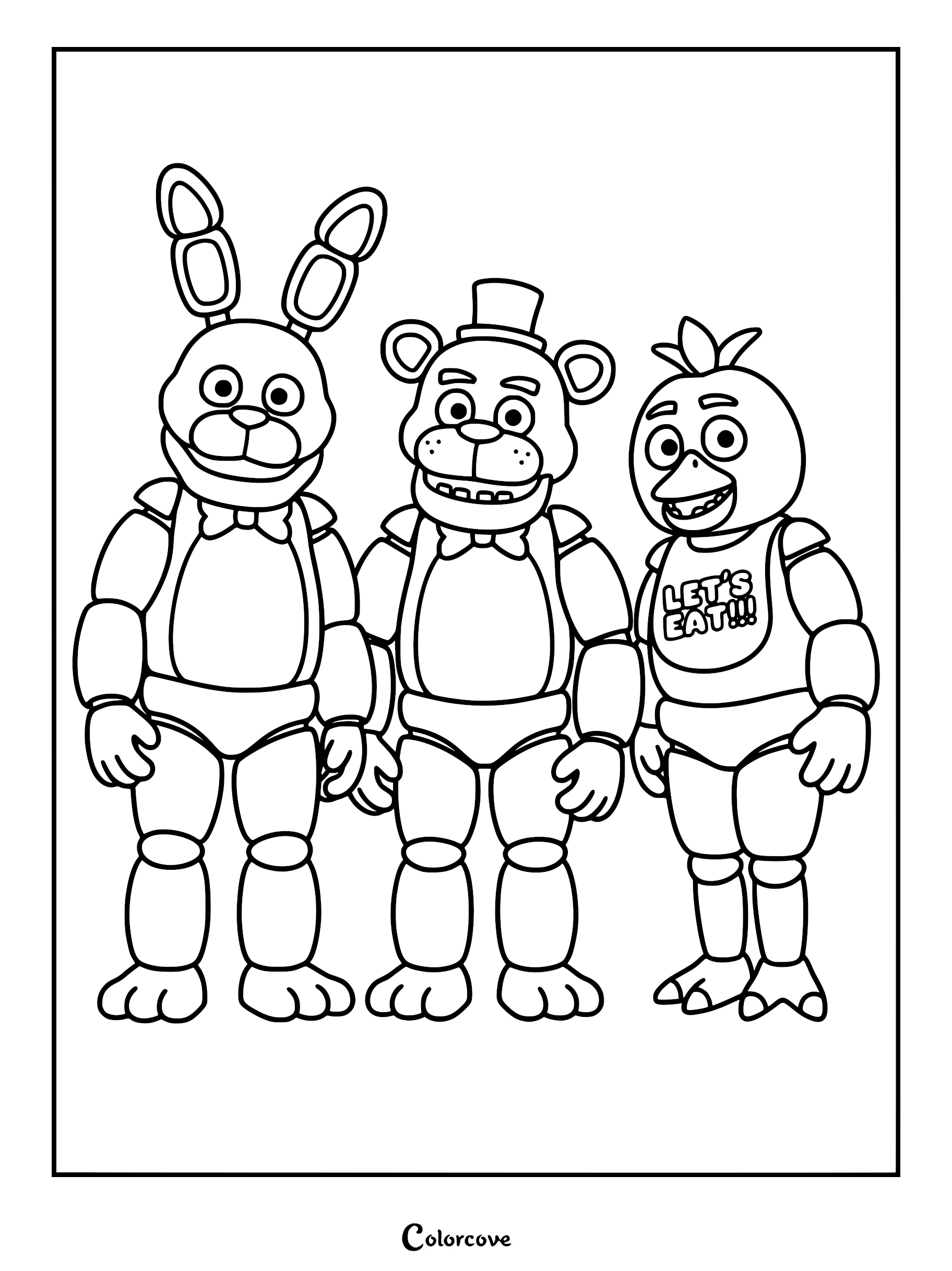 A printable coloring page featuring the classic animatronics Bonnie, Freddy Fazbear, and Chica standing side-by-side in a simple line art style.