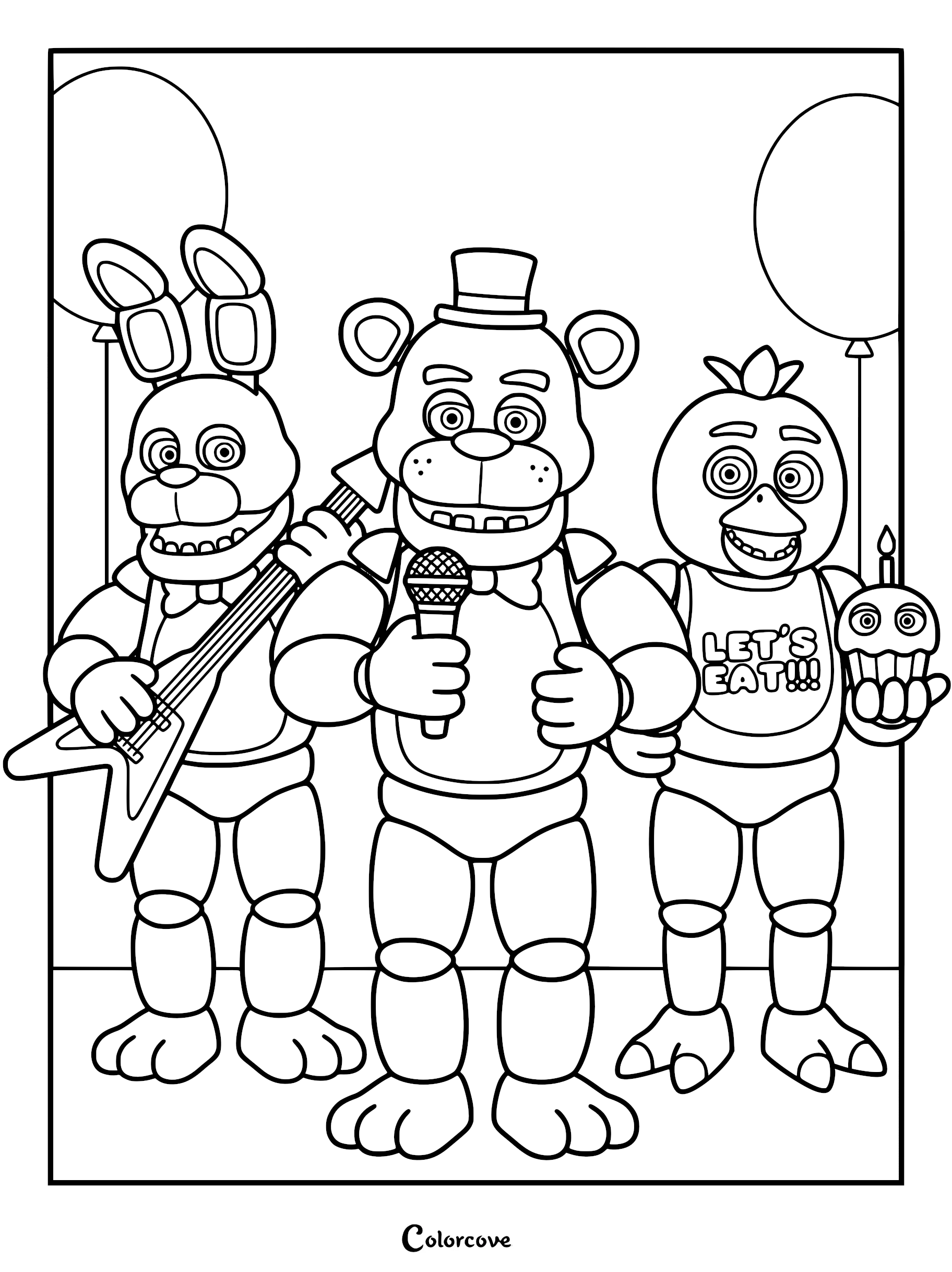 Line art coloring page featuring Freddy Fazbear holding a microphone, Bonnie playing a guitar, and Chica holding Mr. Cupcake.