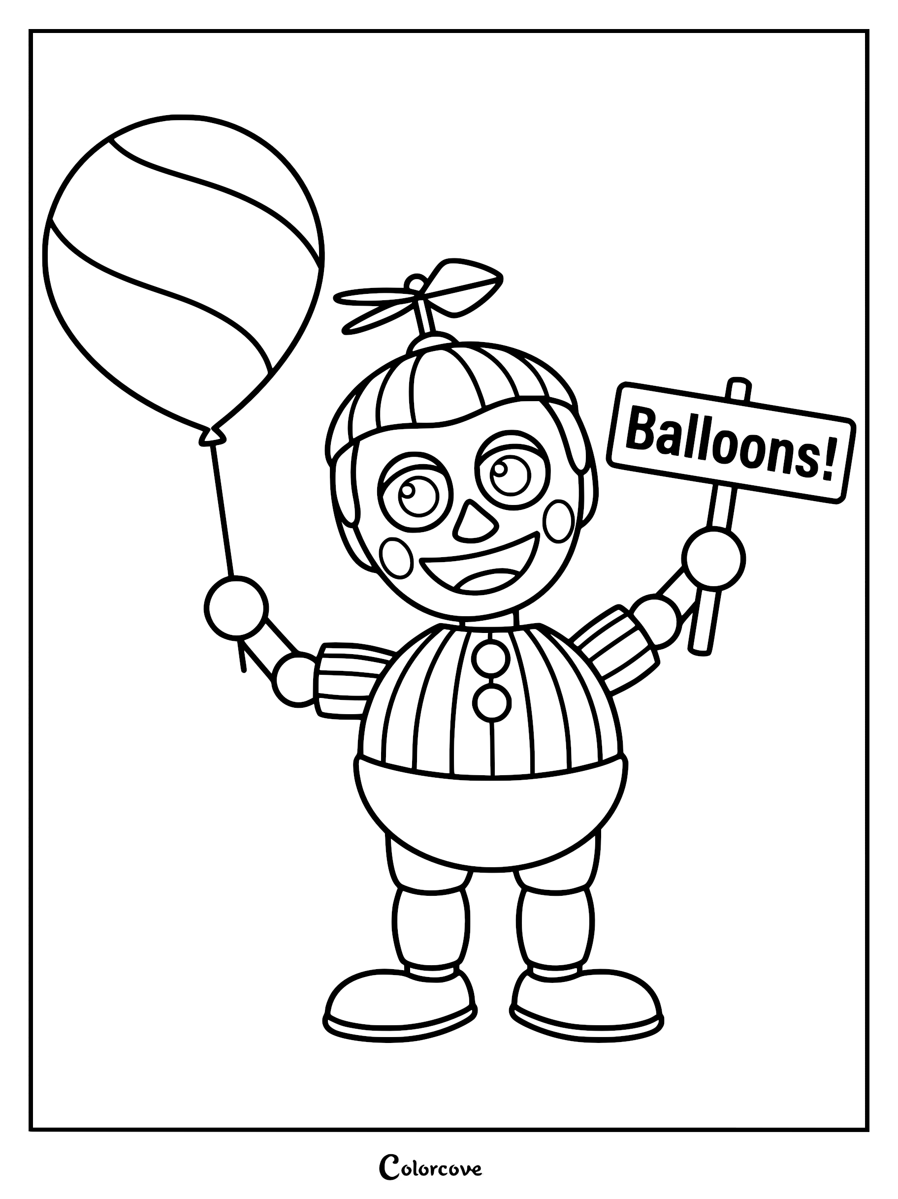 A printable coloring page featuring Balloon Boy from Five Nights at Freddy's holding a striped balloon and a sign that says Balloons!