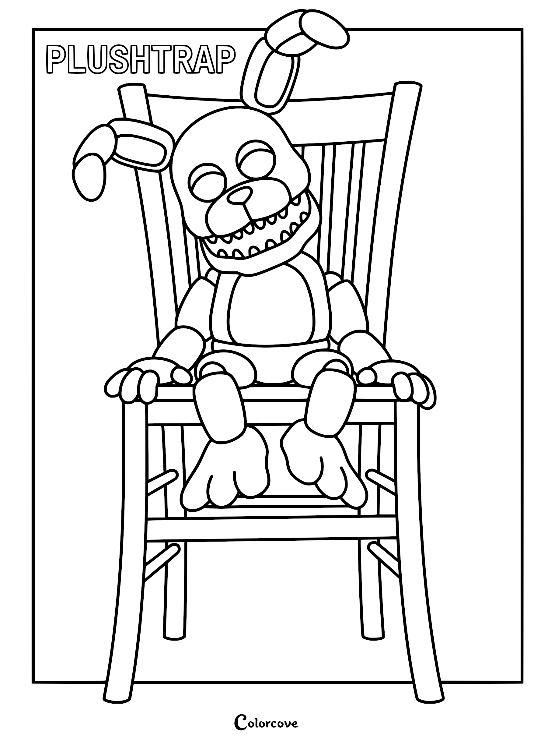 Plushtrap from Five Nights at Freddy's sitting on a wooden chair, black and white line art coloring page.
