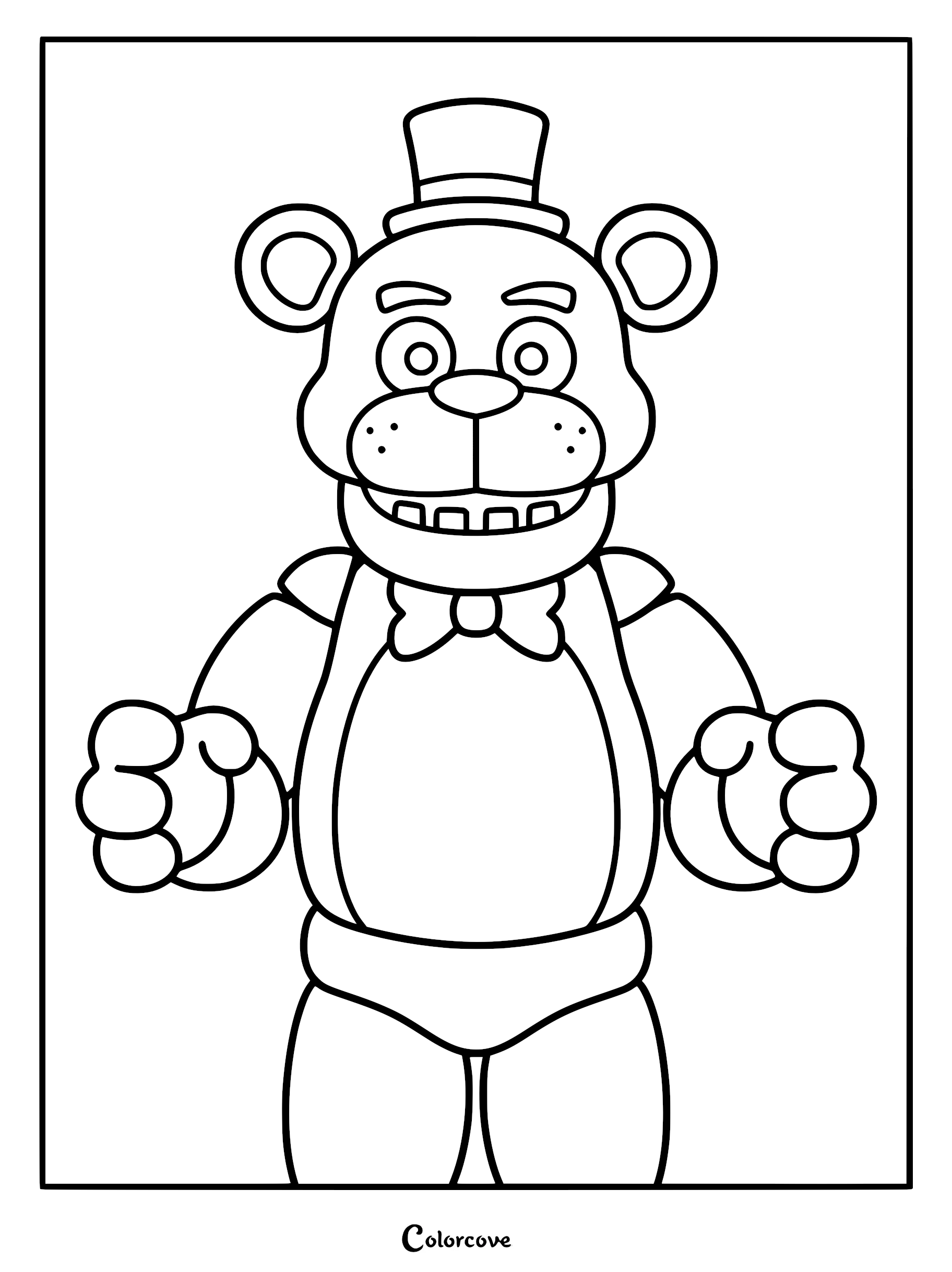 A black and white line art coloring page featuring Freddy Fazbear wearing his signature top hat and bowtie with his hands raised.