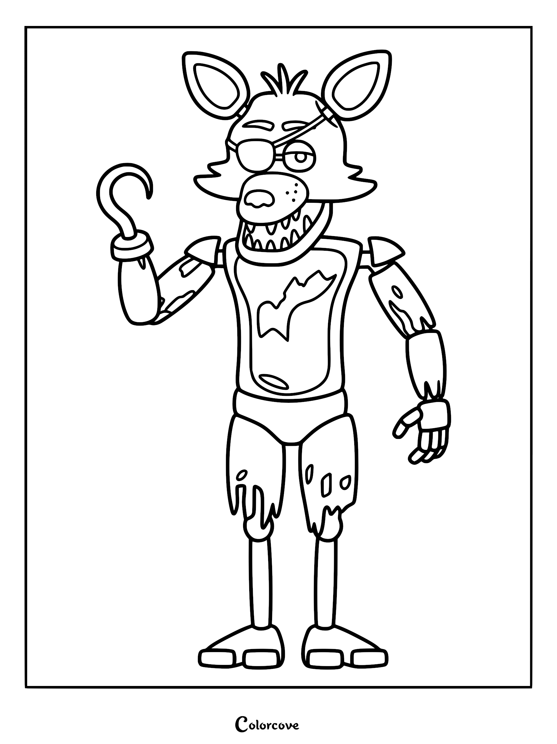 A black and white line art coloring page featuring Foxy the Pirate Fox from Five Nights at Freddy's, showing his signature eyepatch, hook hand, and tattered chest fur.
