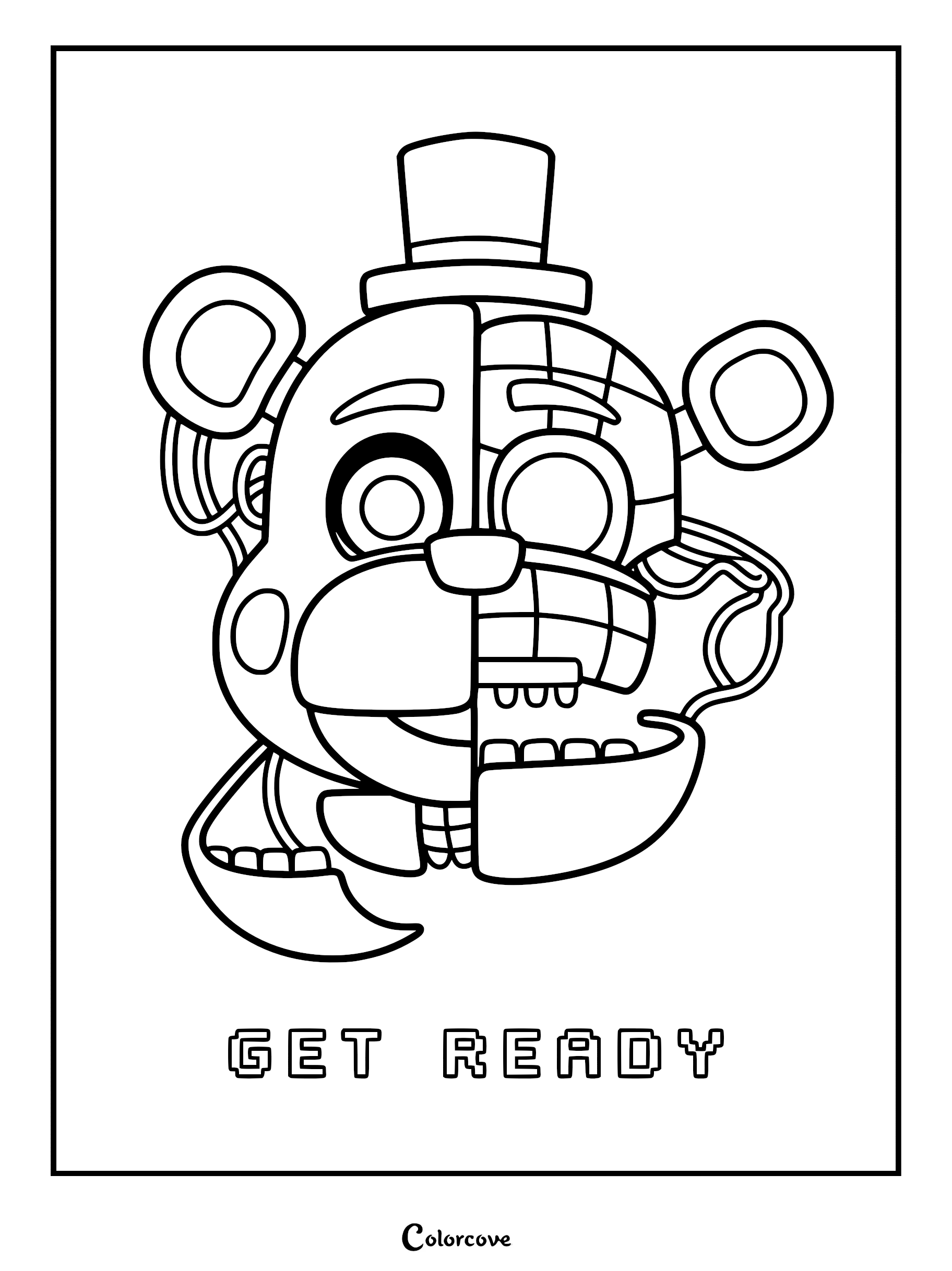 A printable coloring page featuring a split-face design of Freddy Fazbear, showing his smooth exterior on one side and exposed endoskeleton grid on the other, with the text GET READY below.