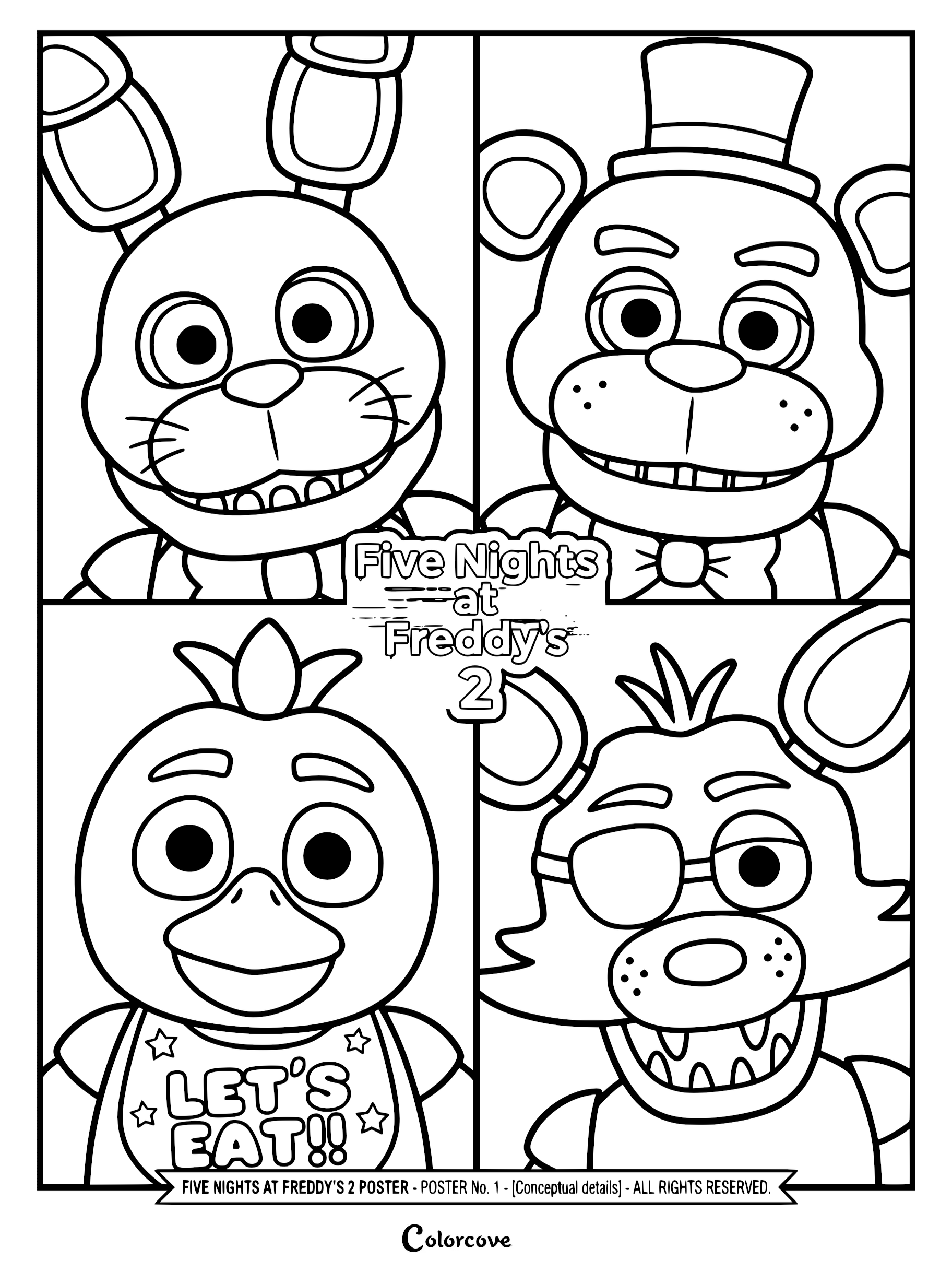 A coloring page featuring four panels with close-up portraits of Bonnie, Freddy Fazbear, Chica, and Foxy from Five Nights at Freddy's.