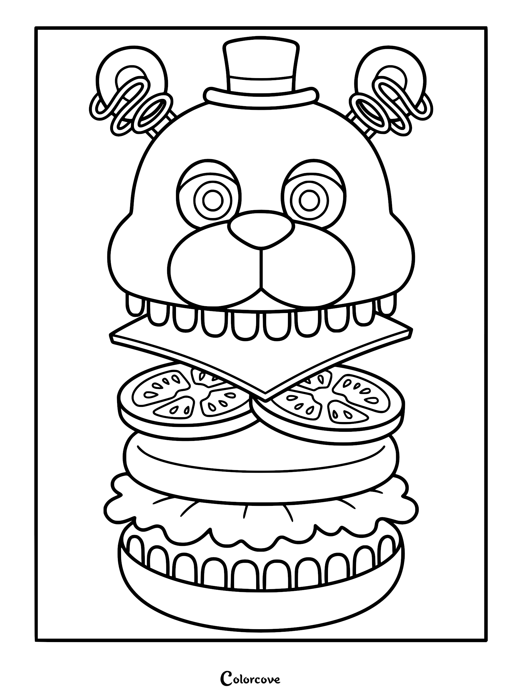 A printable coloring page featuring a creative burger where the top bun is the head of Freddy Fazbear, complete with his signature top hat and ears, stacked above cheese, tomato slices, lettuce, and a bottom bun.