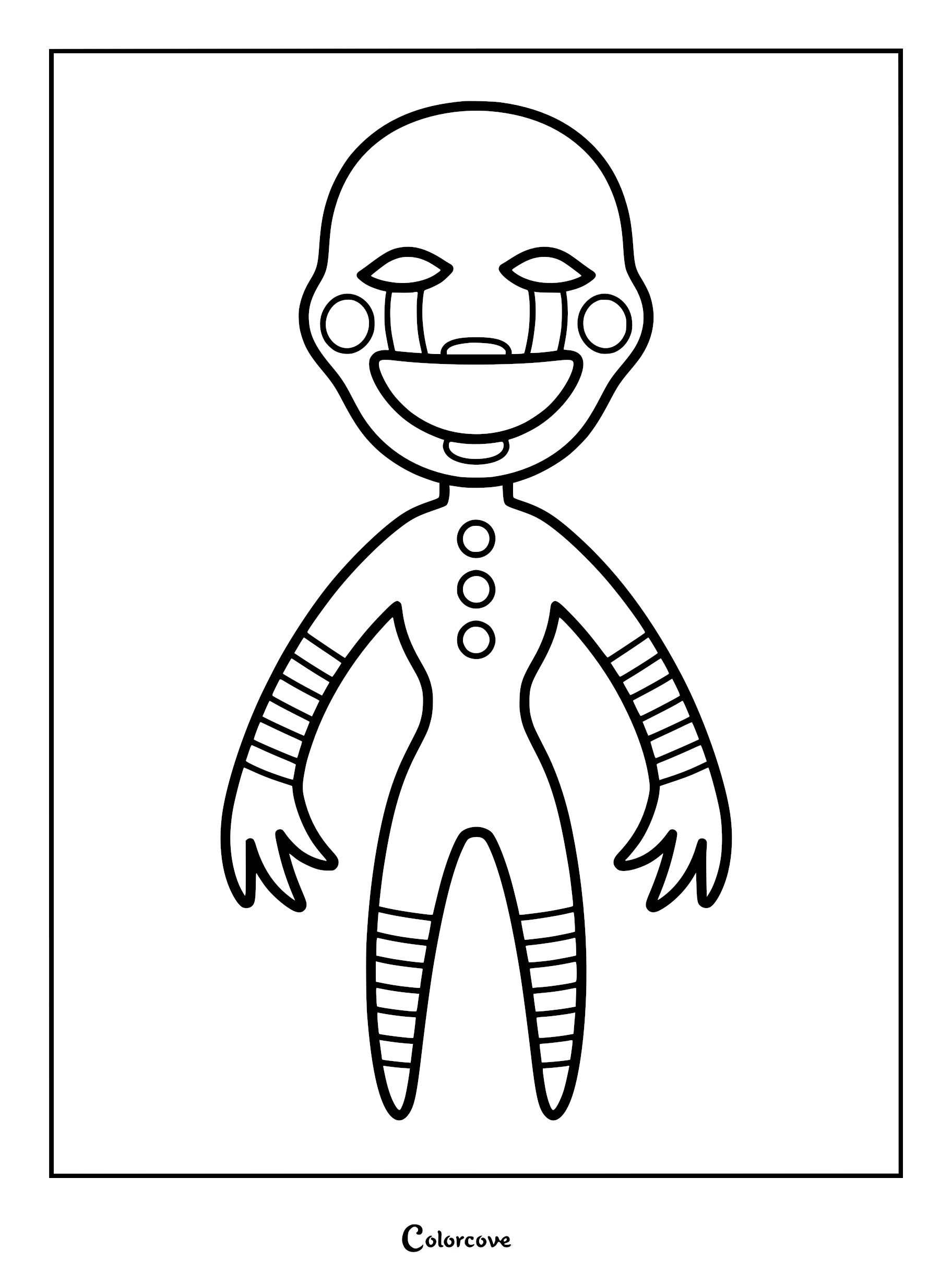 A simple black and white coloring page featuring The Puppet from Five Nights at Freddy's with its signature mask, teardrop streaks, and striped limbs.