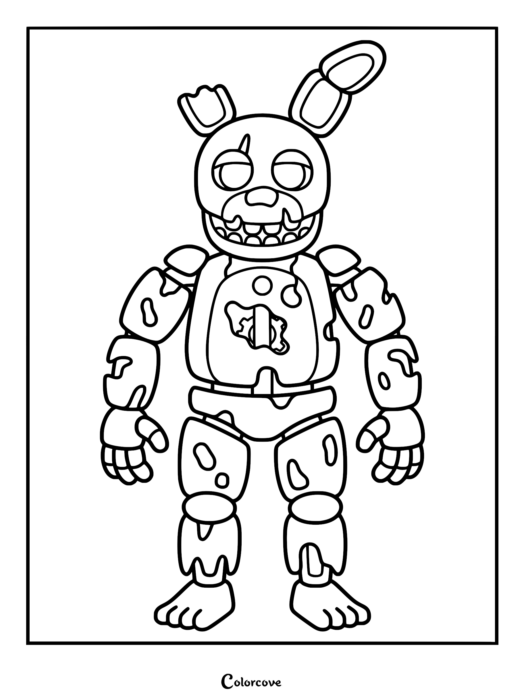 A detailed line art coloring page of Springtrap from Five Nights at Freddy's, showing his decaying rabbit suit with a torn chest and one bent ear.