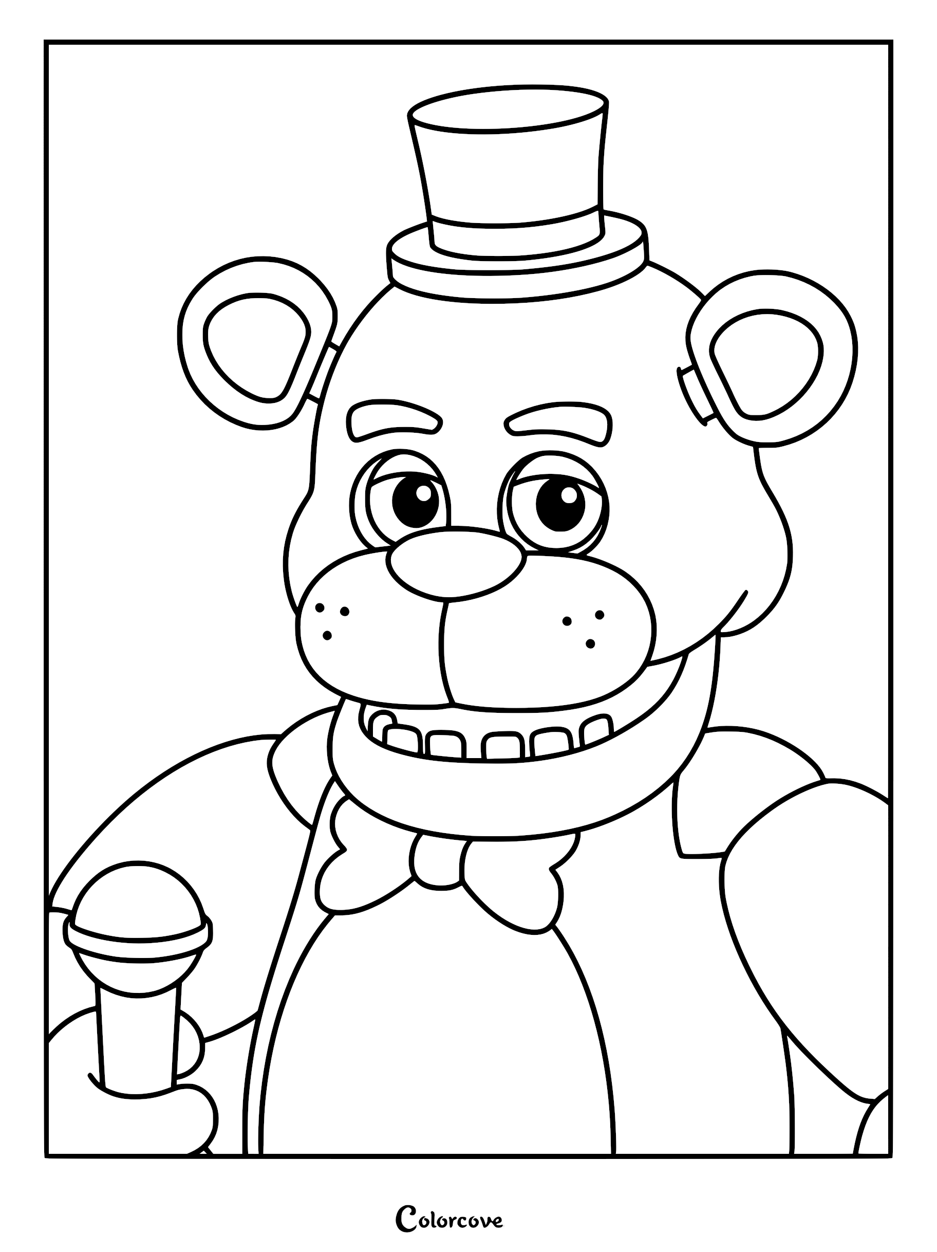 A printable coloring page featuring a close-up portrait of Freddy Fazbear holding his microphone, wearing his signature top hat and bowtie.