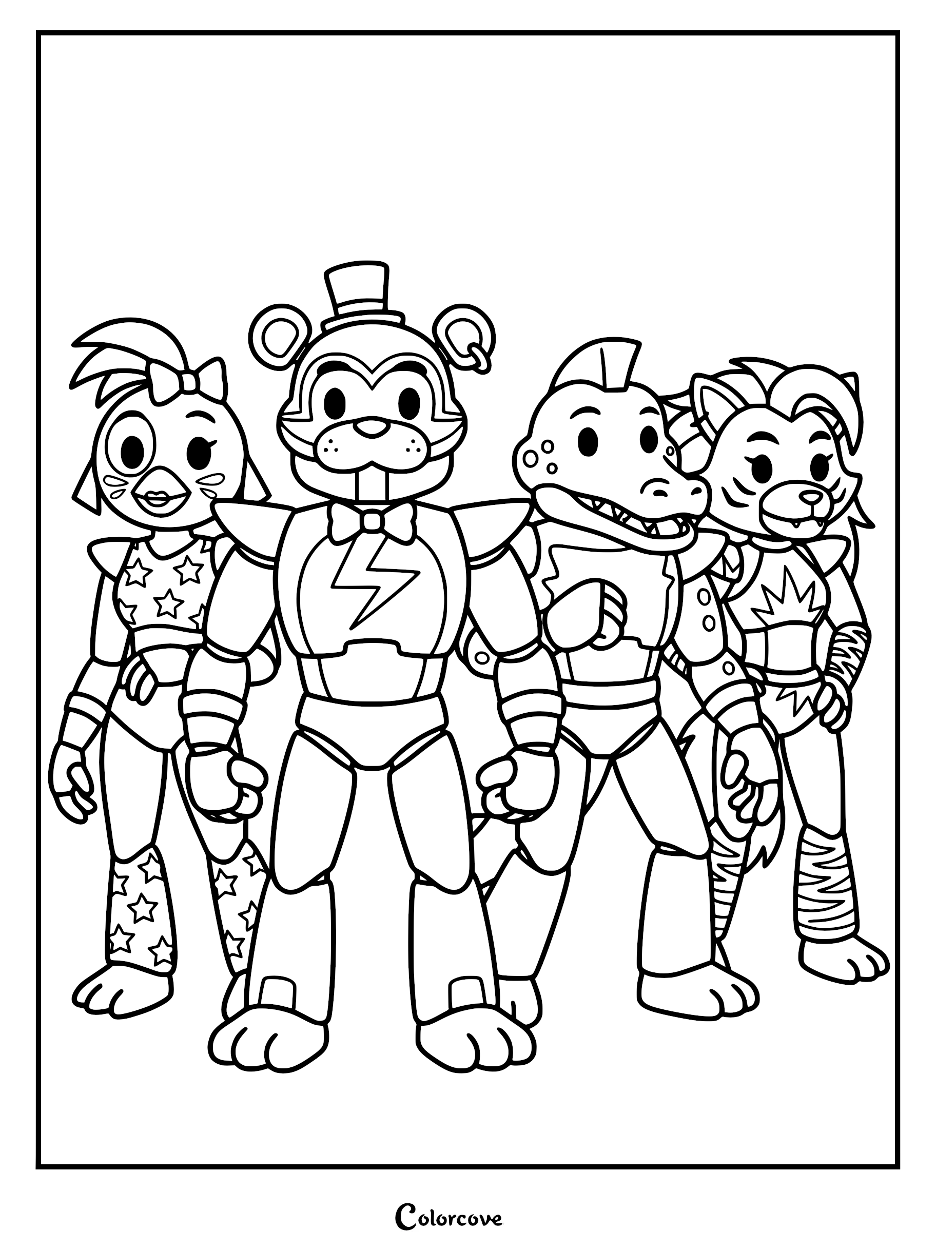 Glamrock Chica, Glamrock Freddy, Montgomery Gator, and Roxanne Wolf standing together in a line art coloring page.
