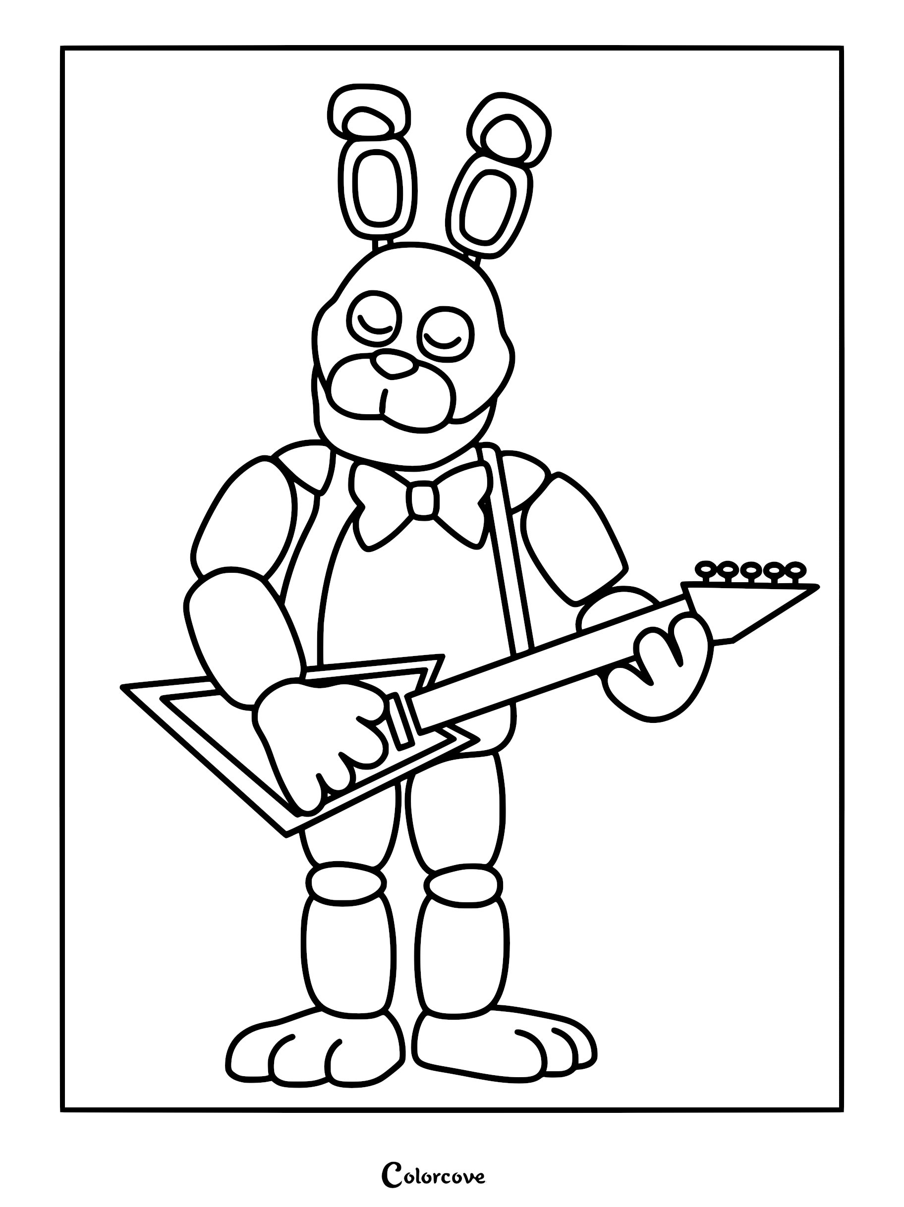 Bonnie the Bunny from Five Nights at Freddy's holding a guitar, black and white line art coloring page.