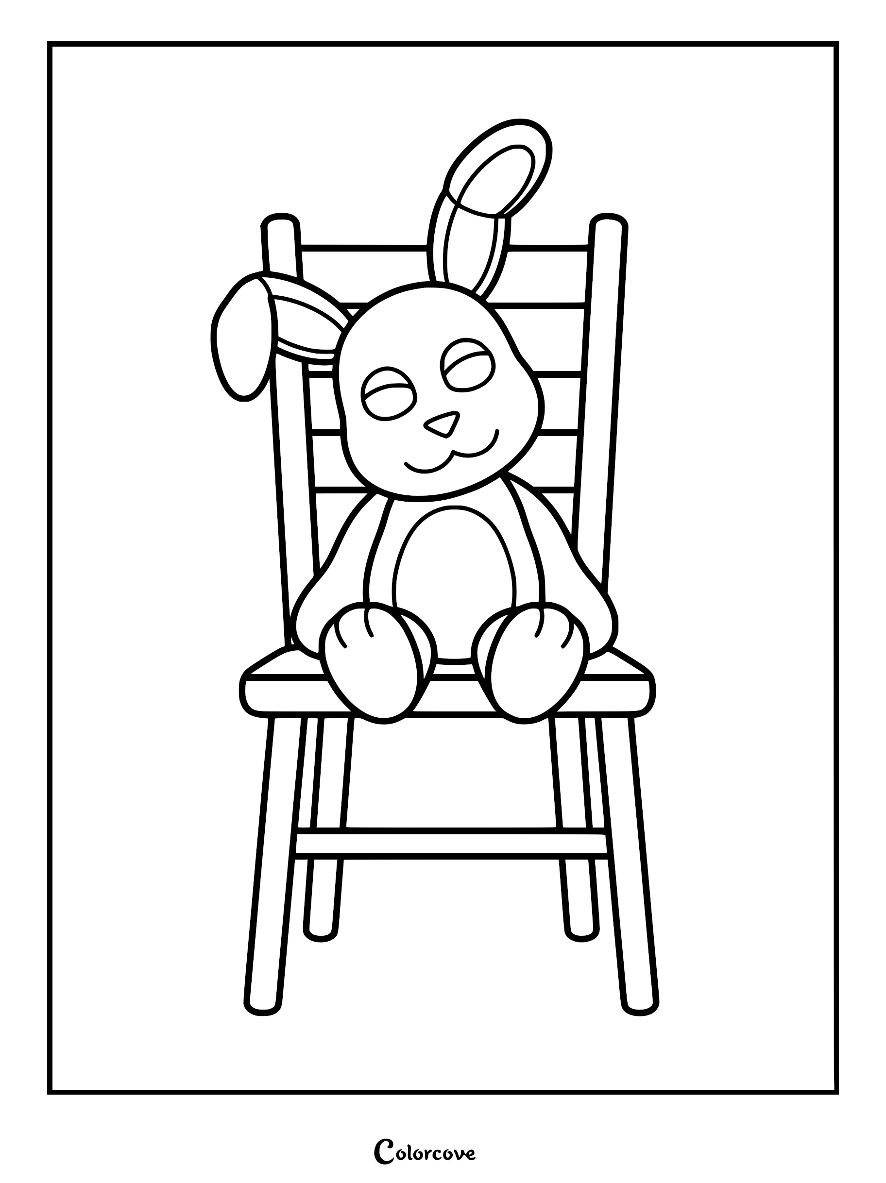 A simple line art coloring page of Bonnie the Bunny sitting upright on a wooden chair with one ear flopped down.