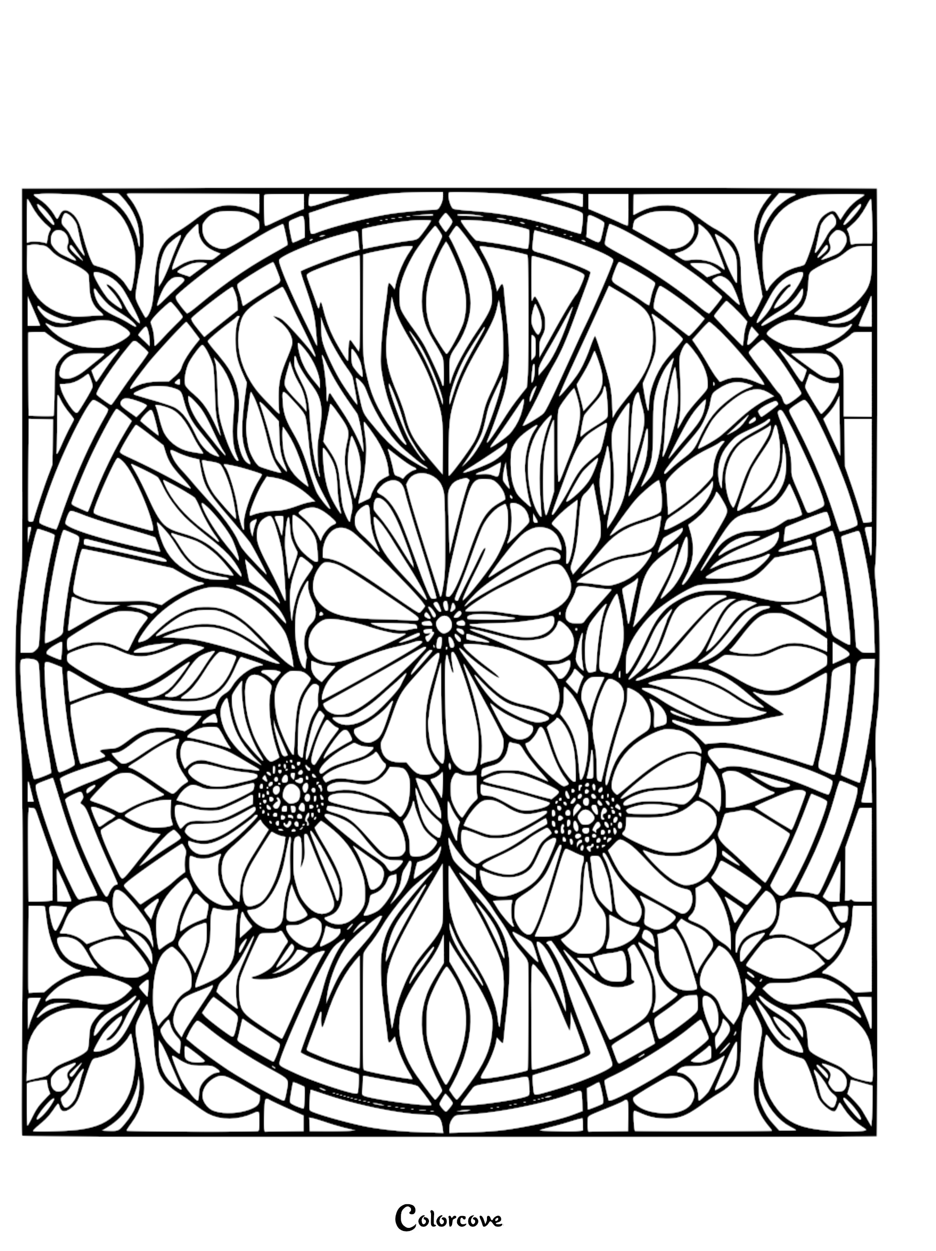 a black and white drawing of flowers and leaves