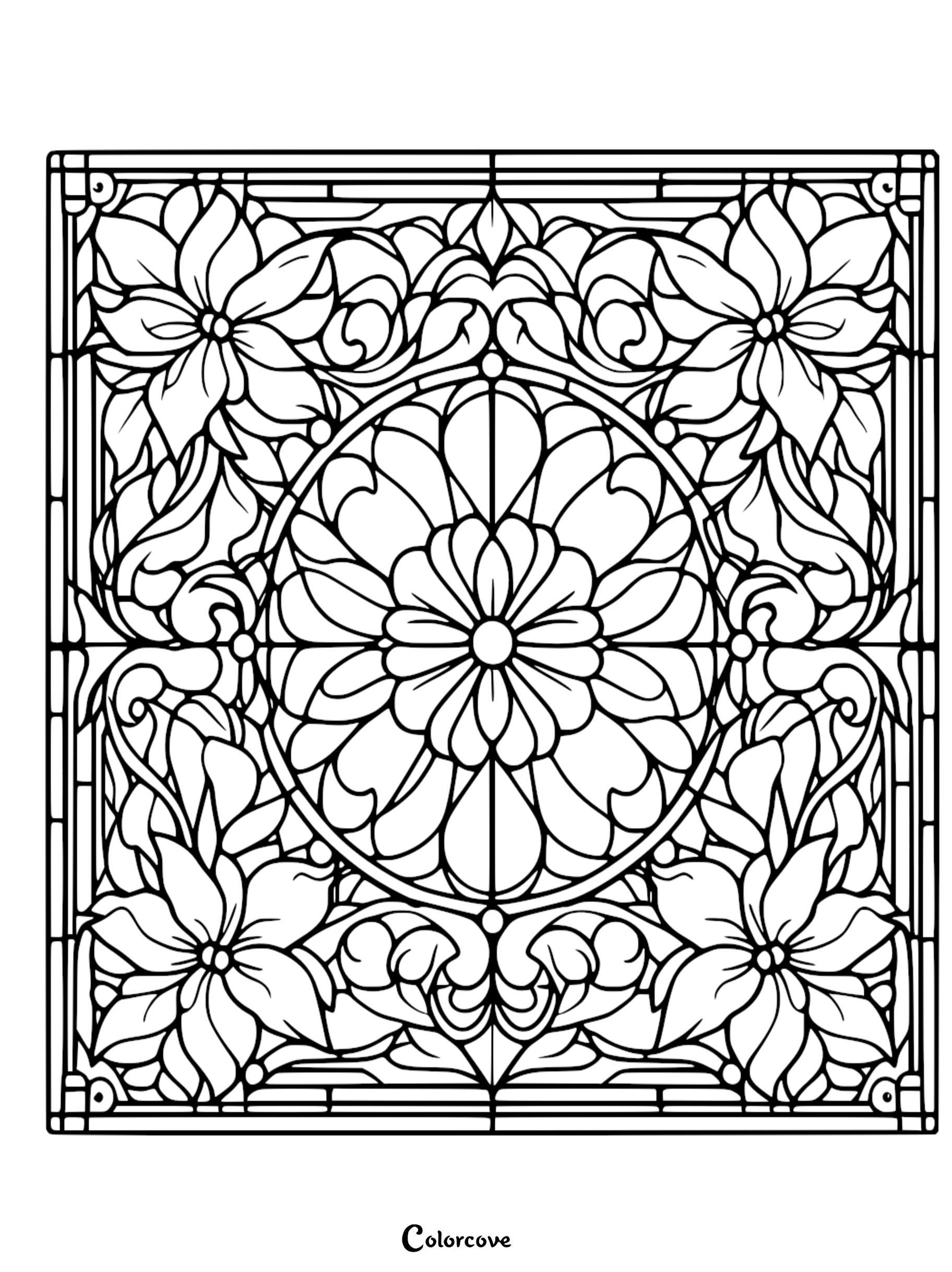 a stained glass window with flowers