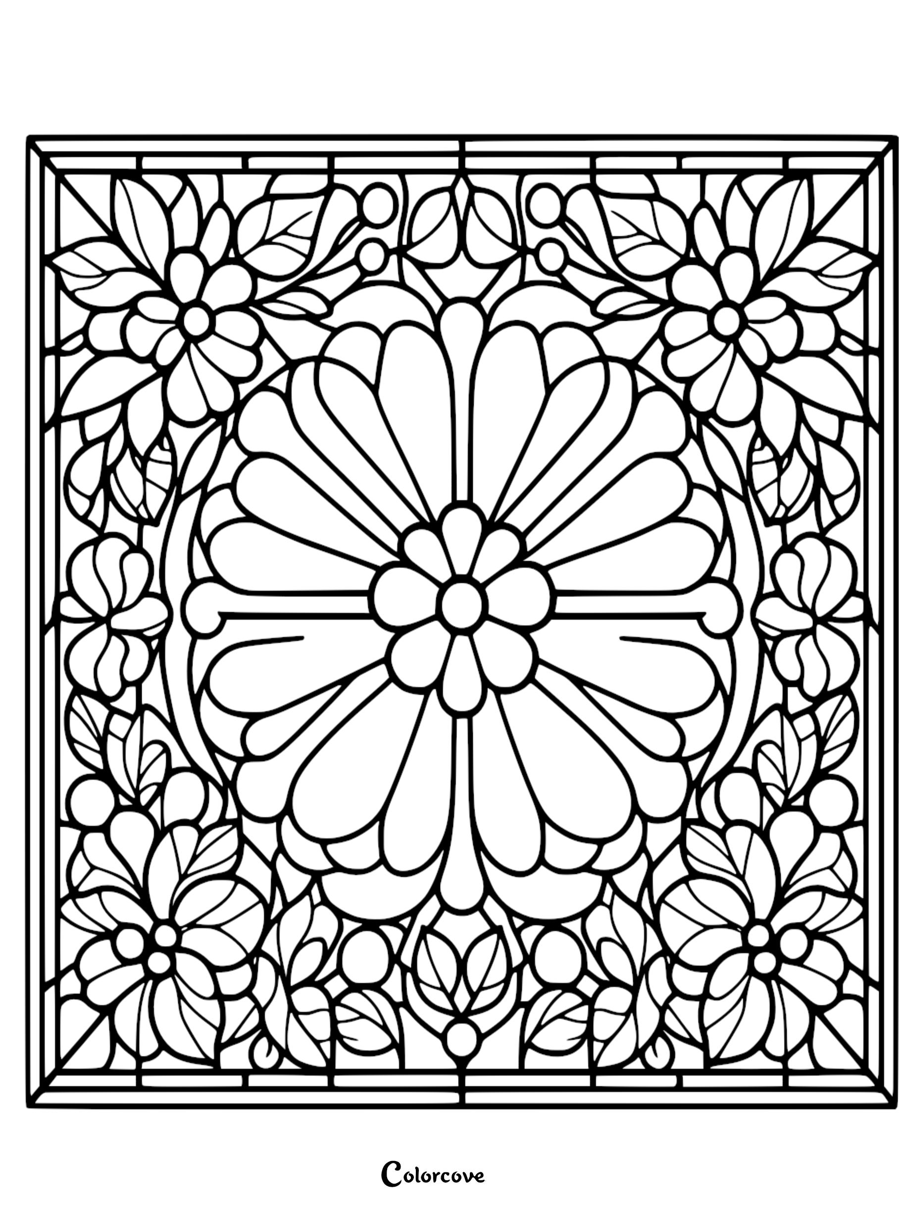 a black and white square with flowers and leaves