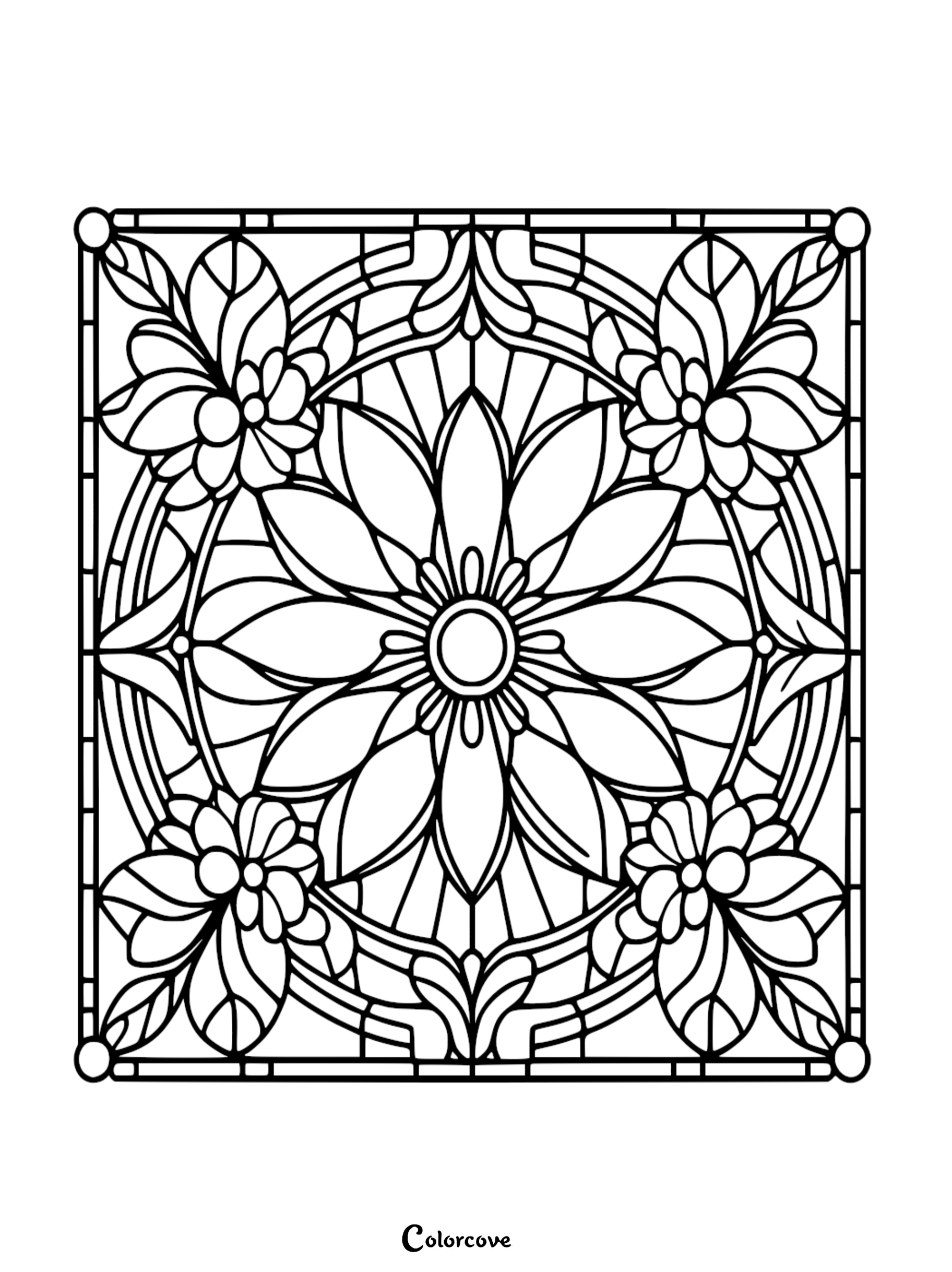 a black and white square with a flower and leaves pattern