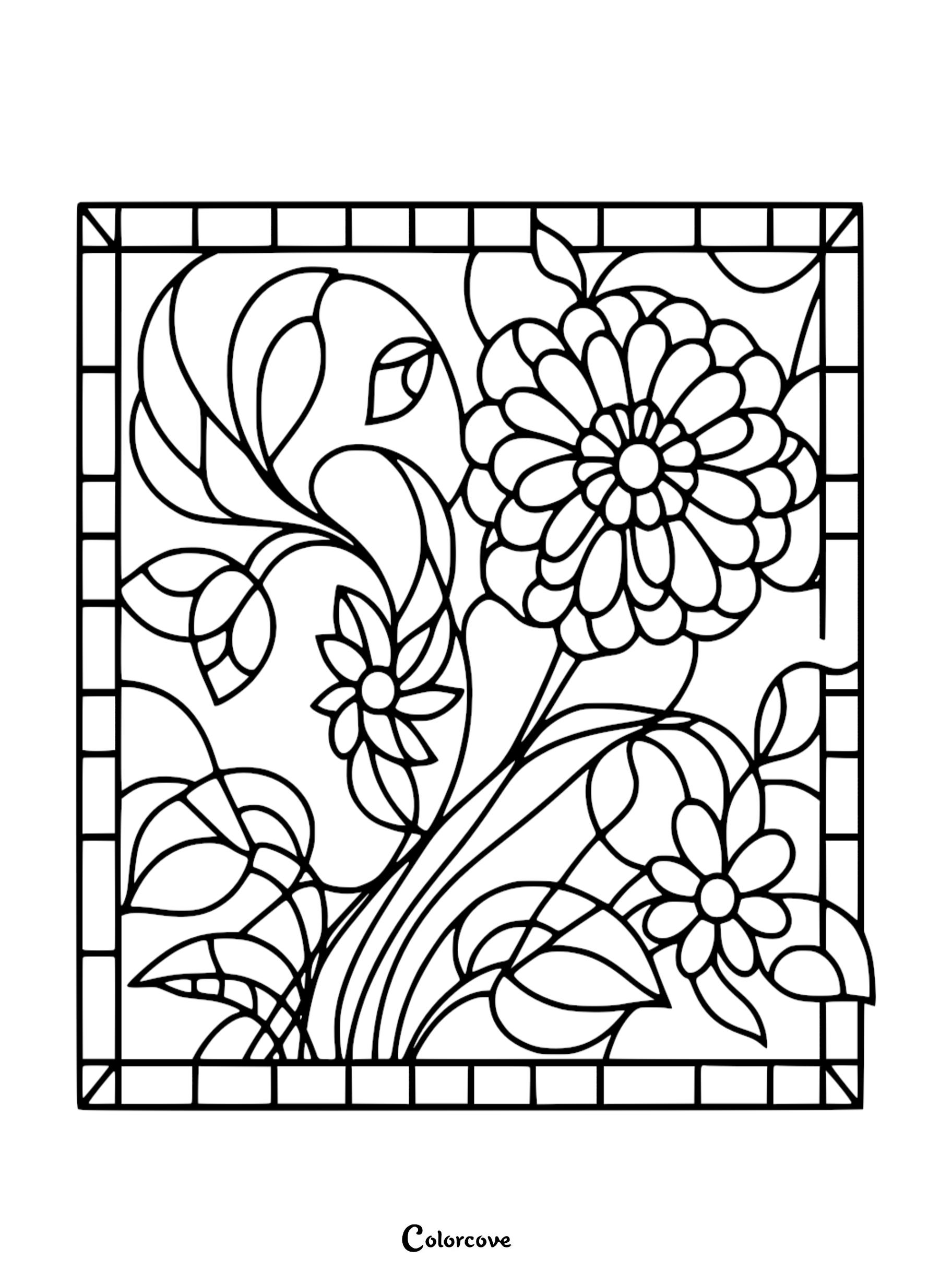 a black and white drawing of flowers and leaves