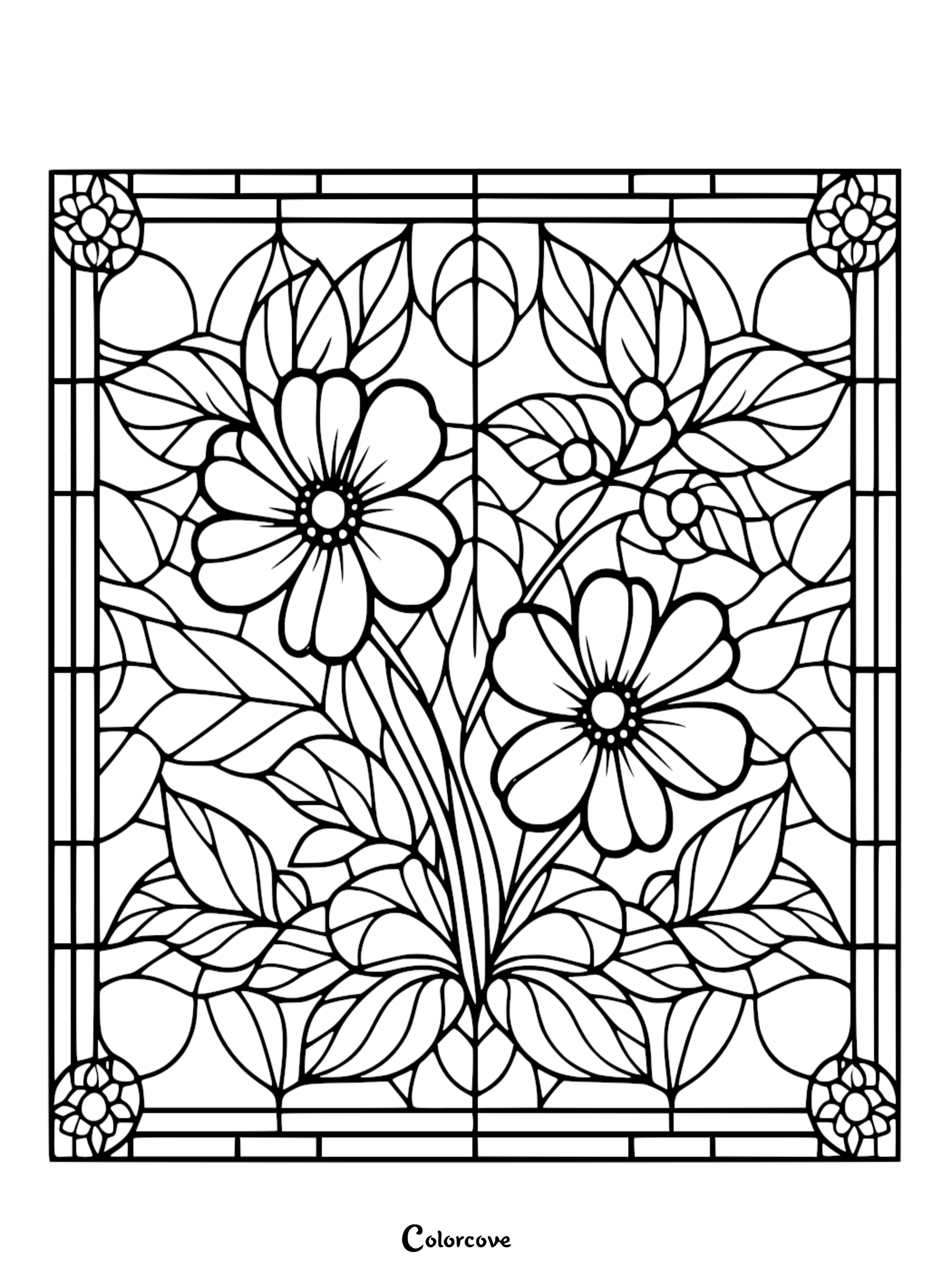 a stained glass window with flowers and leaves