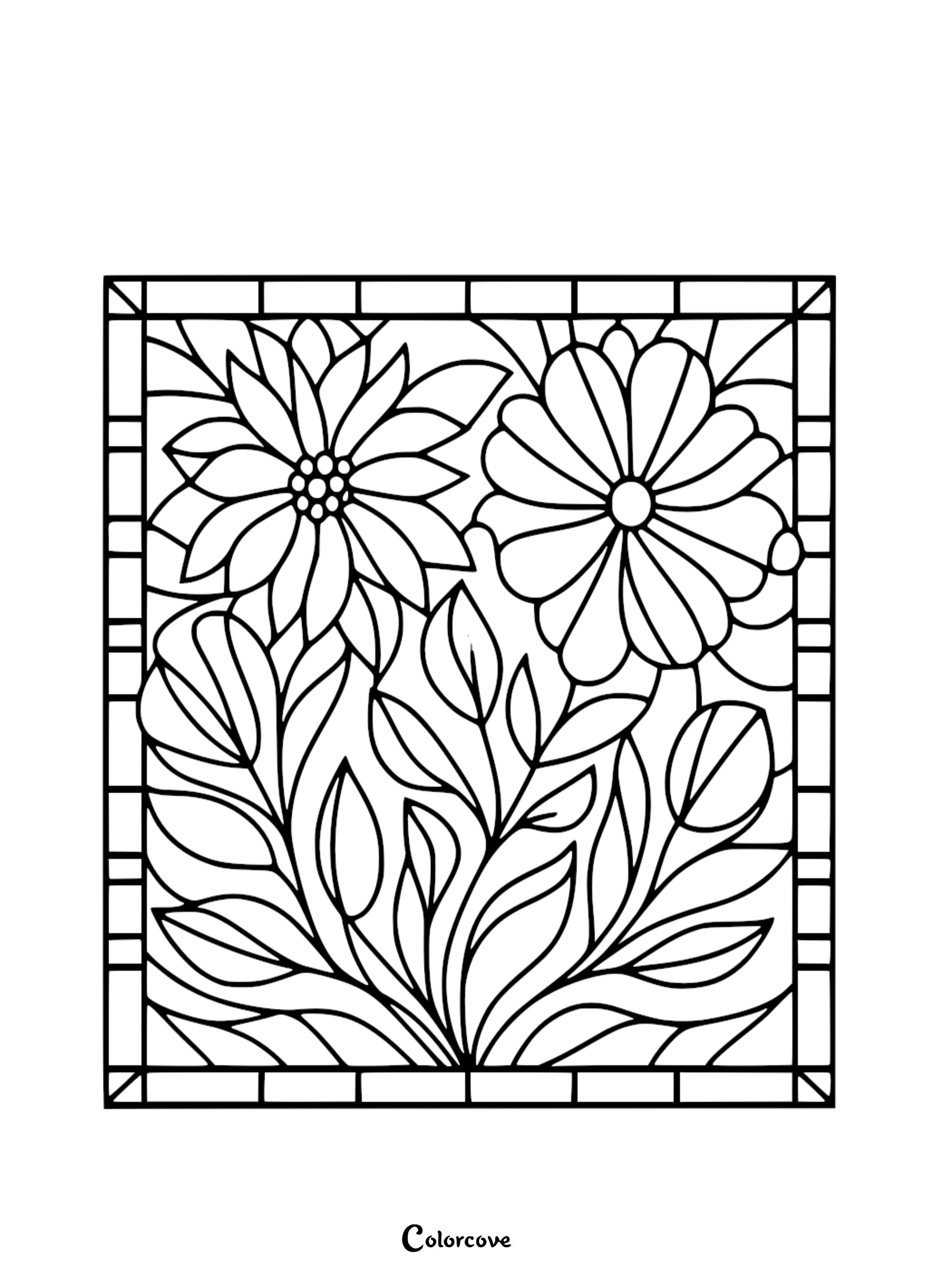 a black and white drawing of flowers and leaves