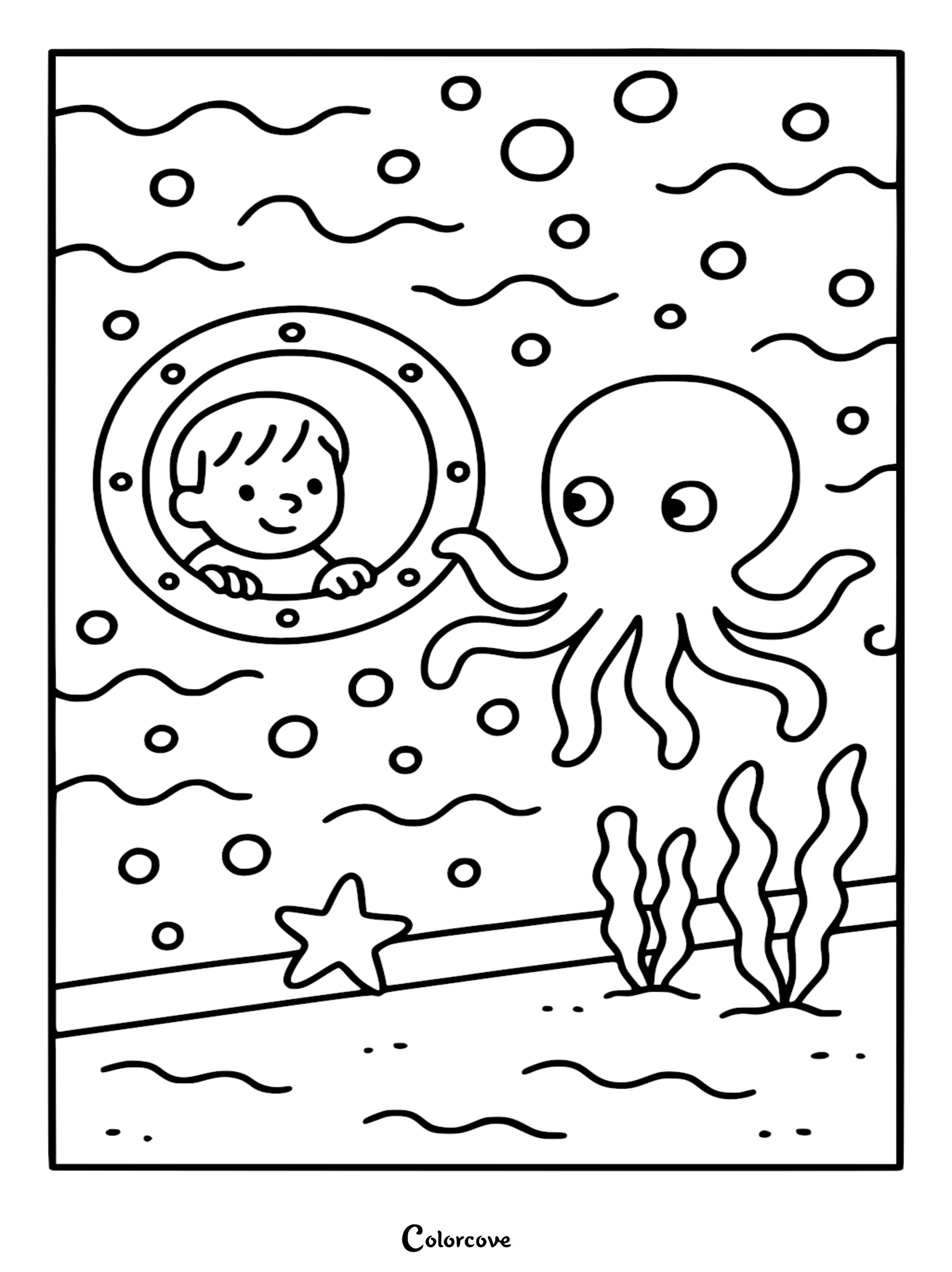 A printable coloring page featuring a child looking through a submarine porthole at a friendly octopus, starfish, and seaweed in an aquarium setting.