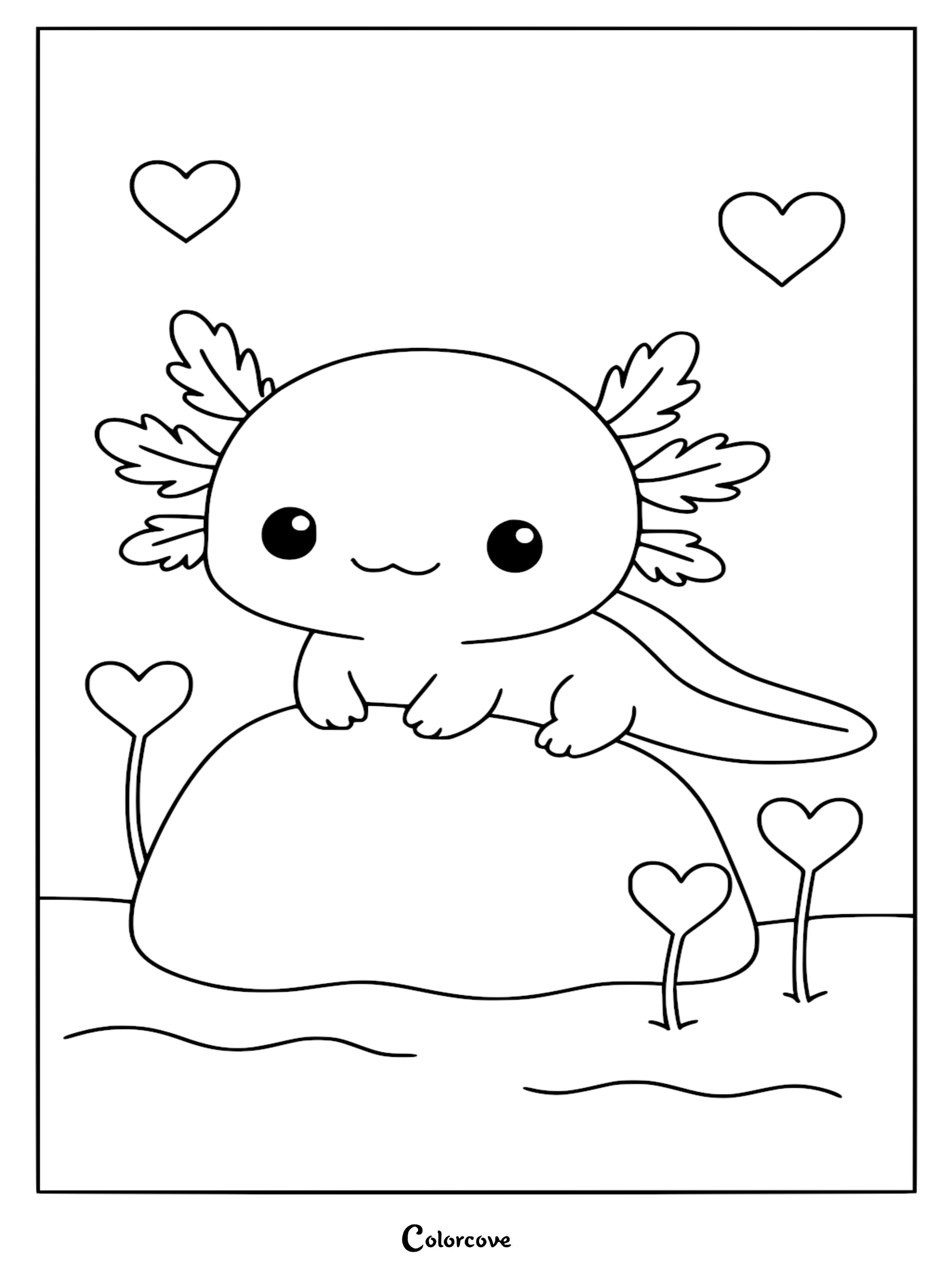A cute axolotl resting on a rock with floating heart shapes, a perfect aquarium-themed coloring page.