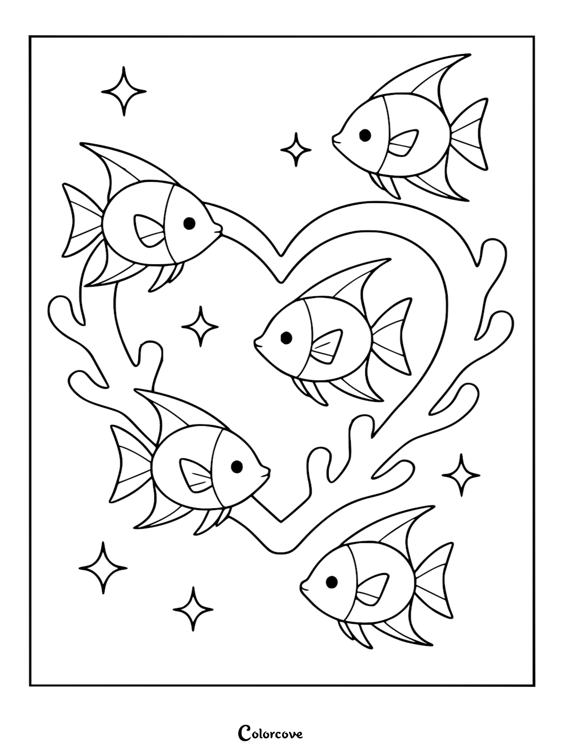 Four angelfish swimming around a heart-shaped coral formation, illustrated as a printable aquarium coloring page.
