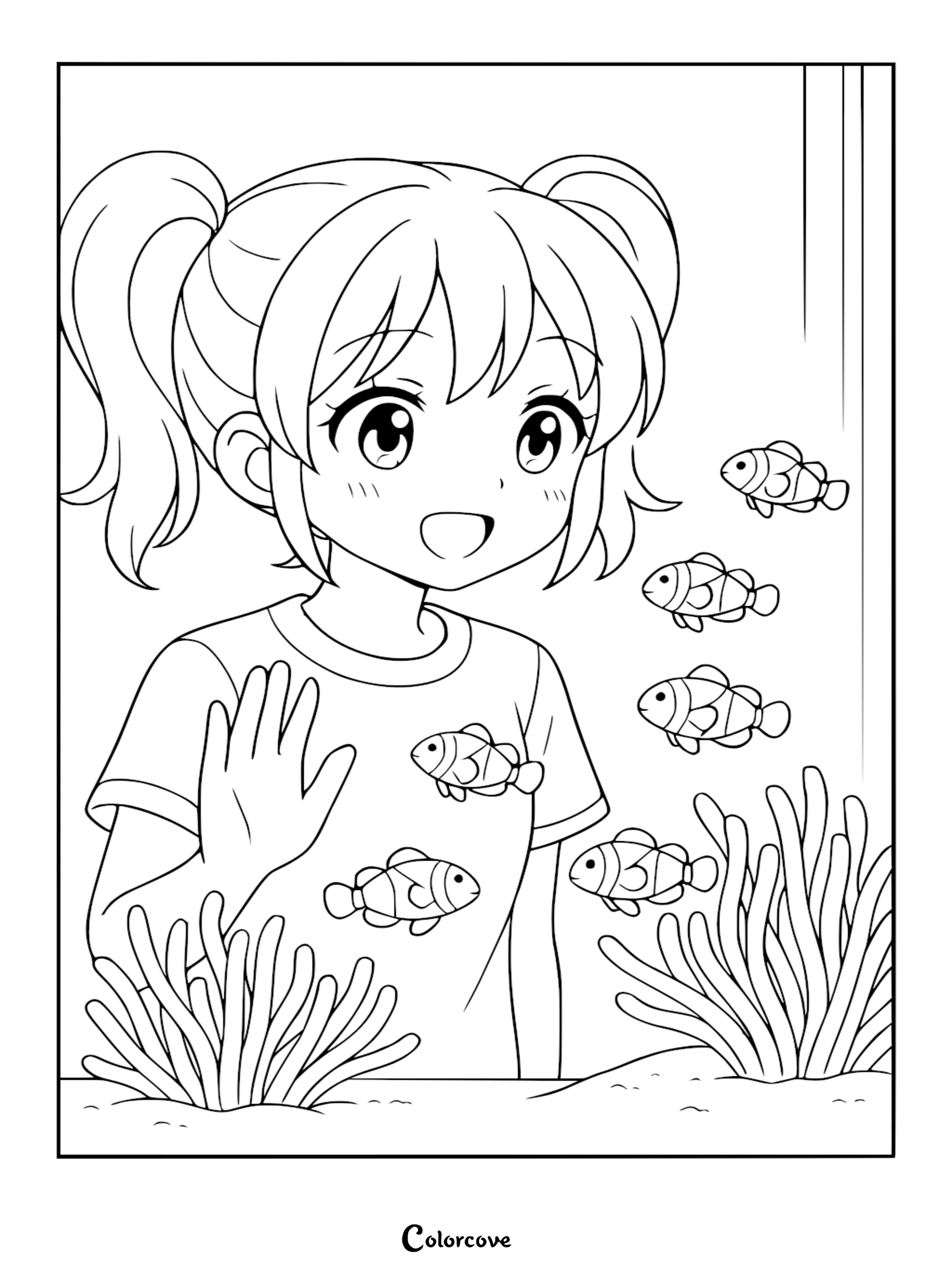 Anime girl with pigtails waving at small clownfish swimming in an aquarium, printable coloring page.
