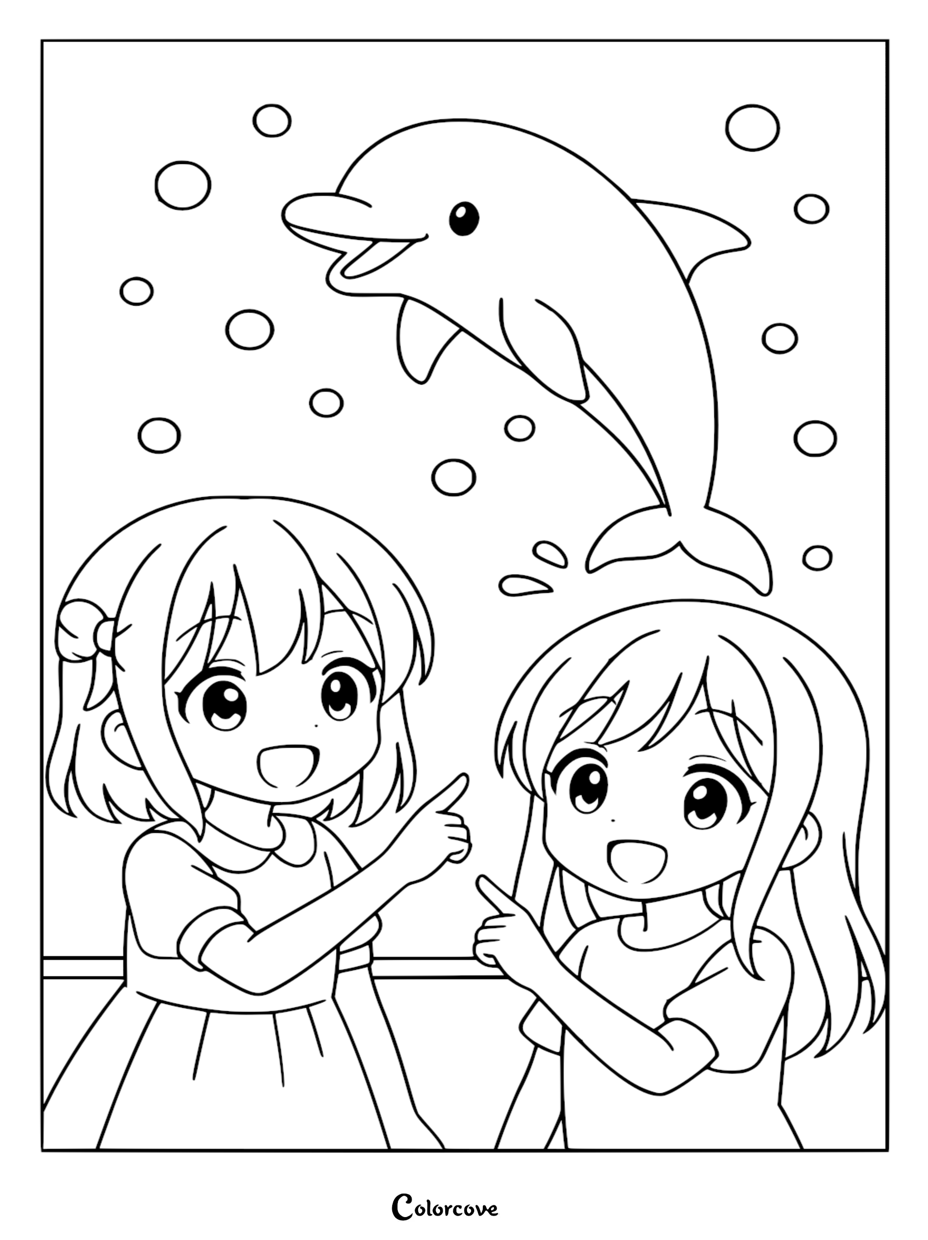 Two anime-style girls pointing at a playful dolphin behind aquarium glass, coloring page featuring bubbles and marine life.