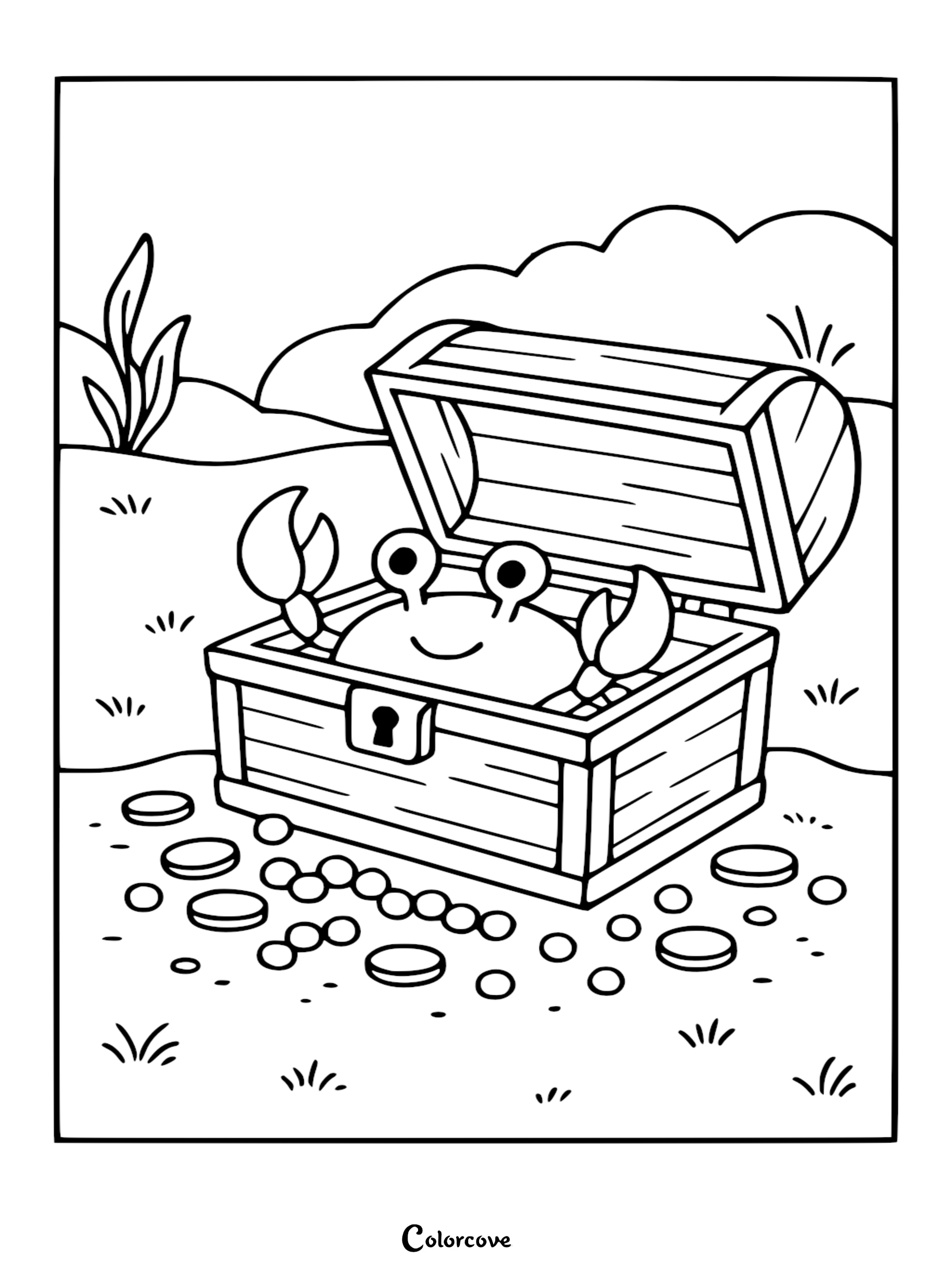 A happy cartoon crab sitting inside an open wooden treasure chest surrounded by gold coins, free aquarium coloring page.