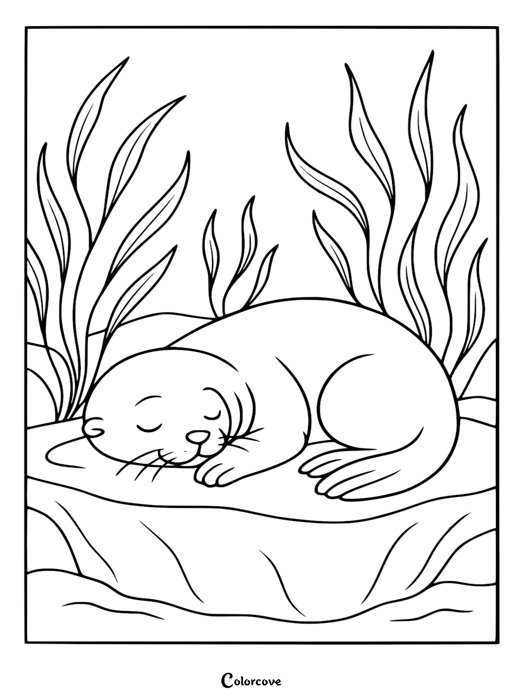 A cute seal sleeping peacefully on a flat rock surrounded by tall underwater seaweed in this aquarium-themed coloring page.