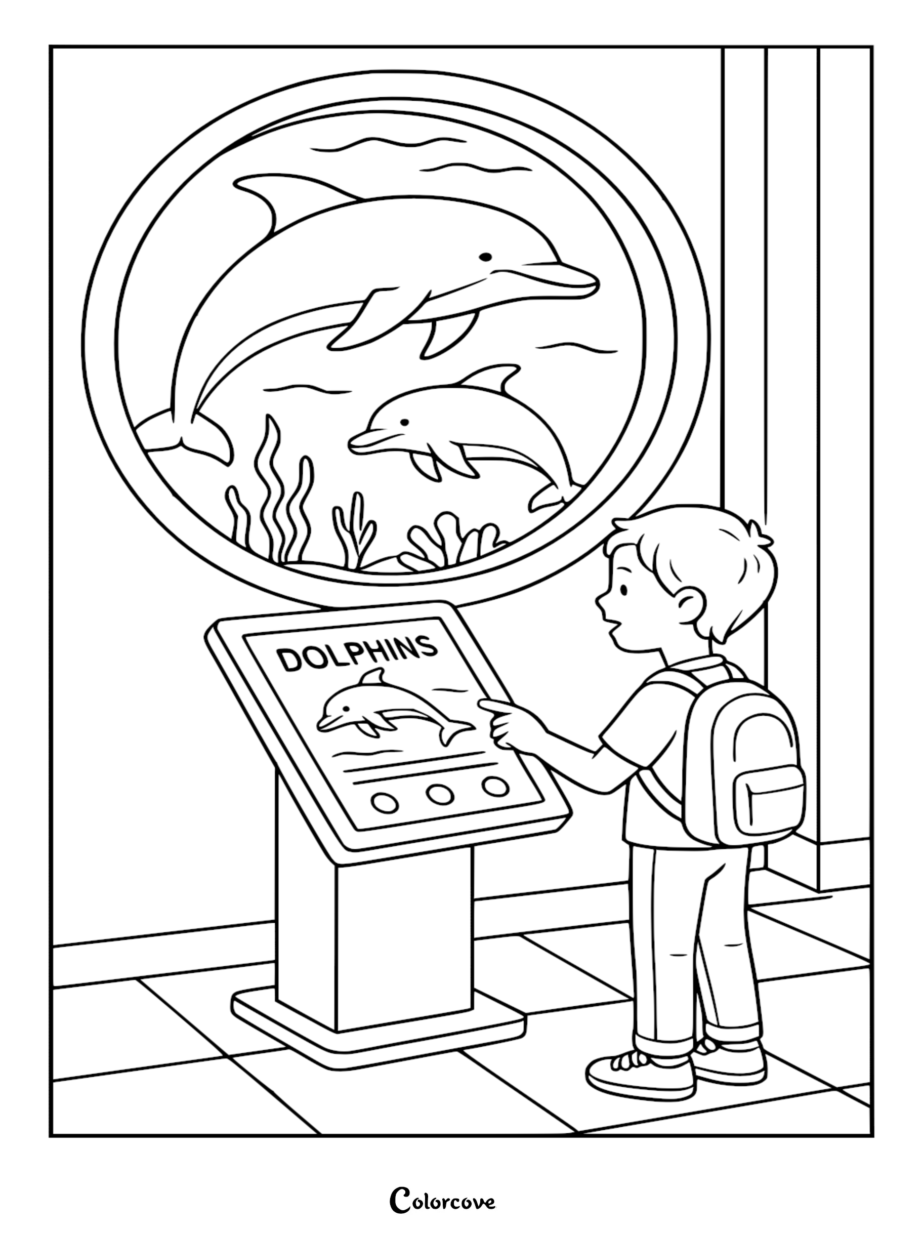 A boy with a backpack pointing at an interactive dolphin display in this free aquarium themed coloring page.