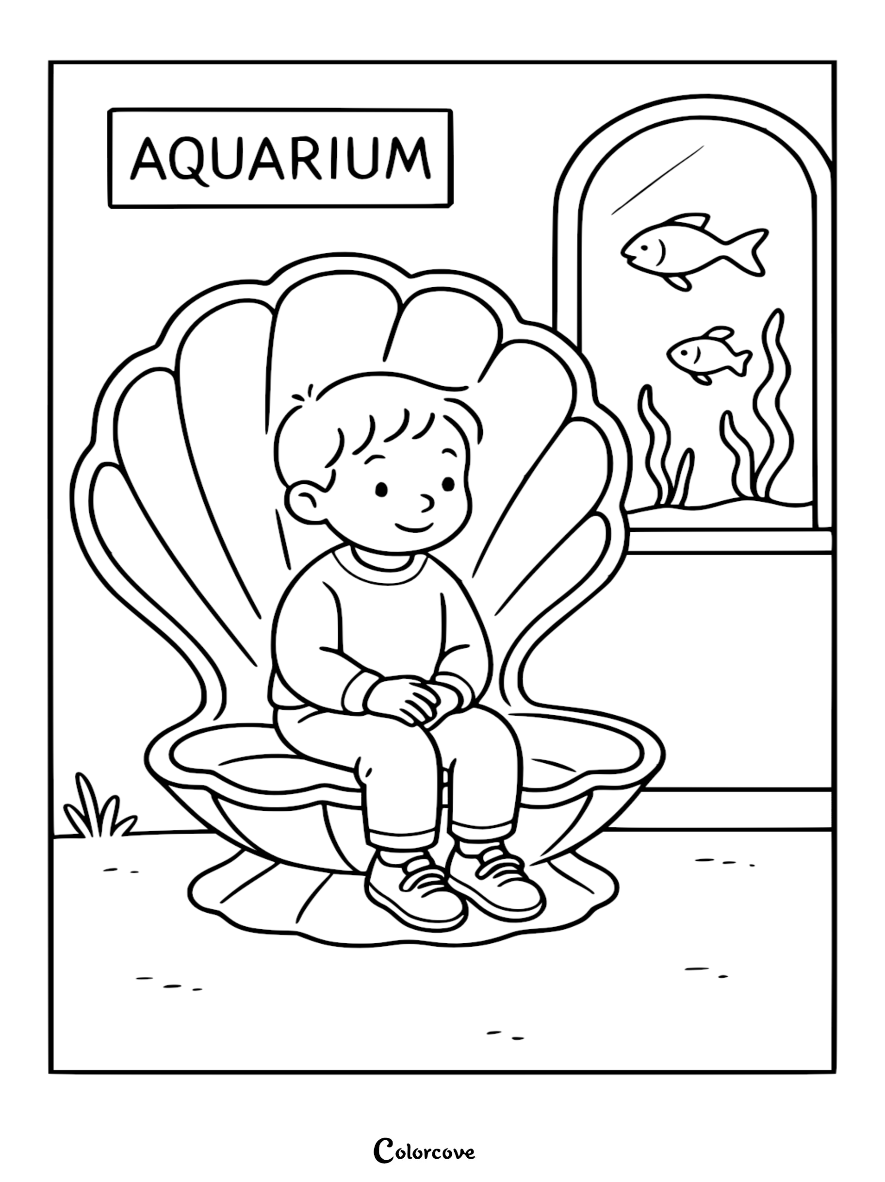 A young boy sitting in a giant seashell chair next to an aquarium with two fish, printable coloring page.