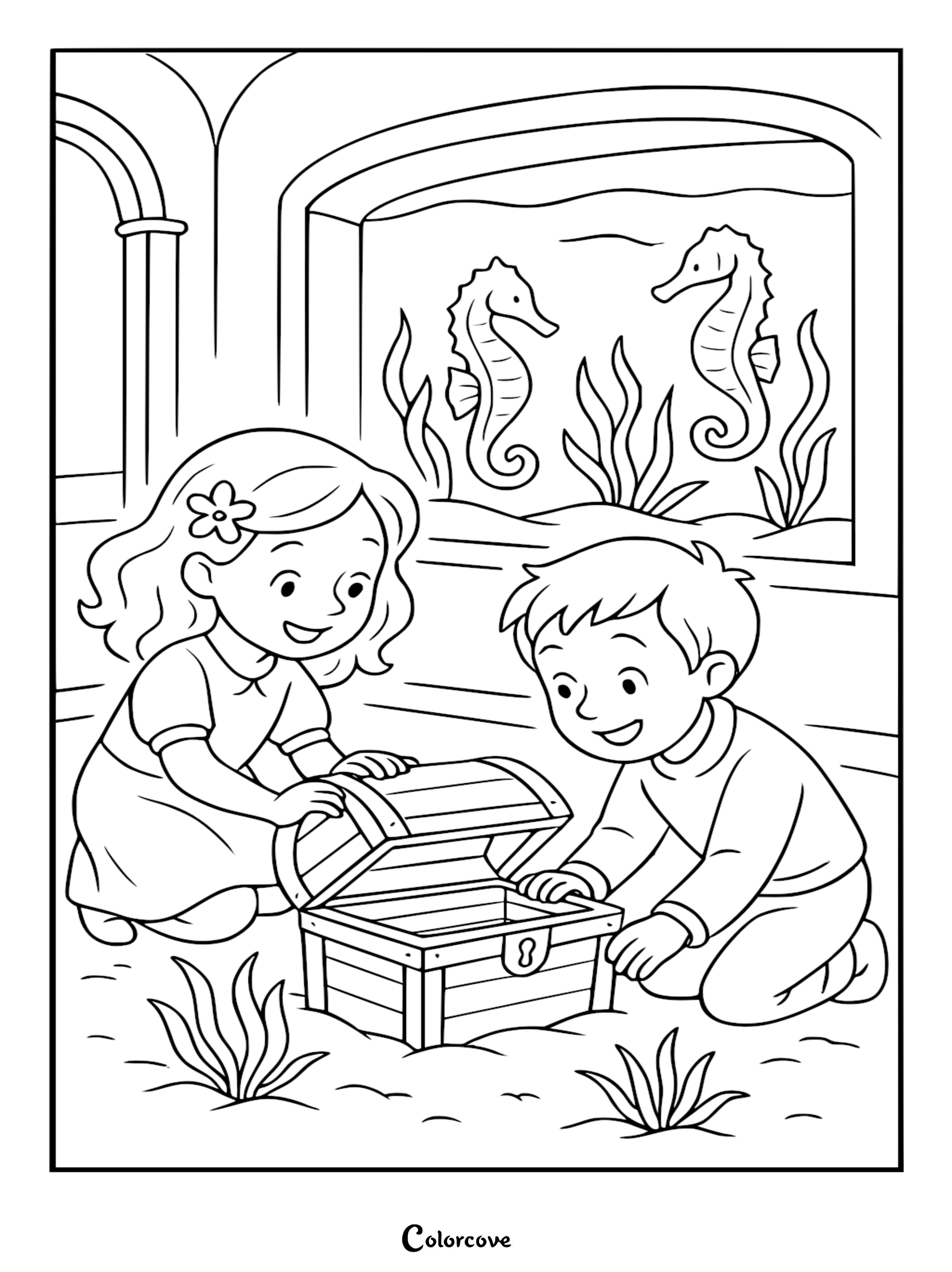 A boy and girl opening a treasure chest in front of a free aquarium display featuring seahorses and seaweed, line art coloring page.