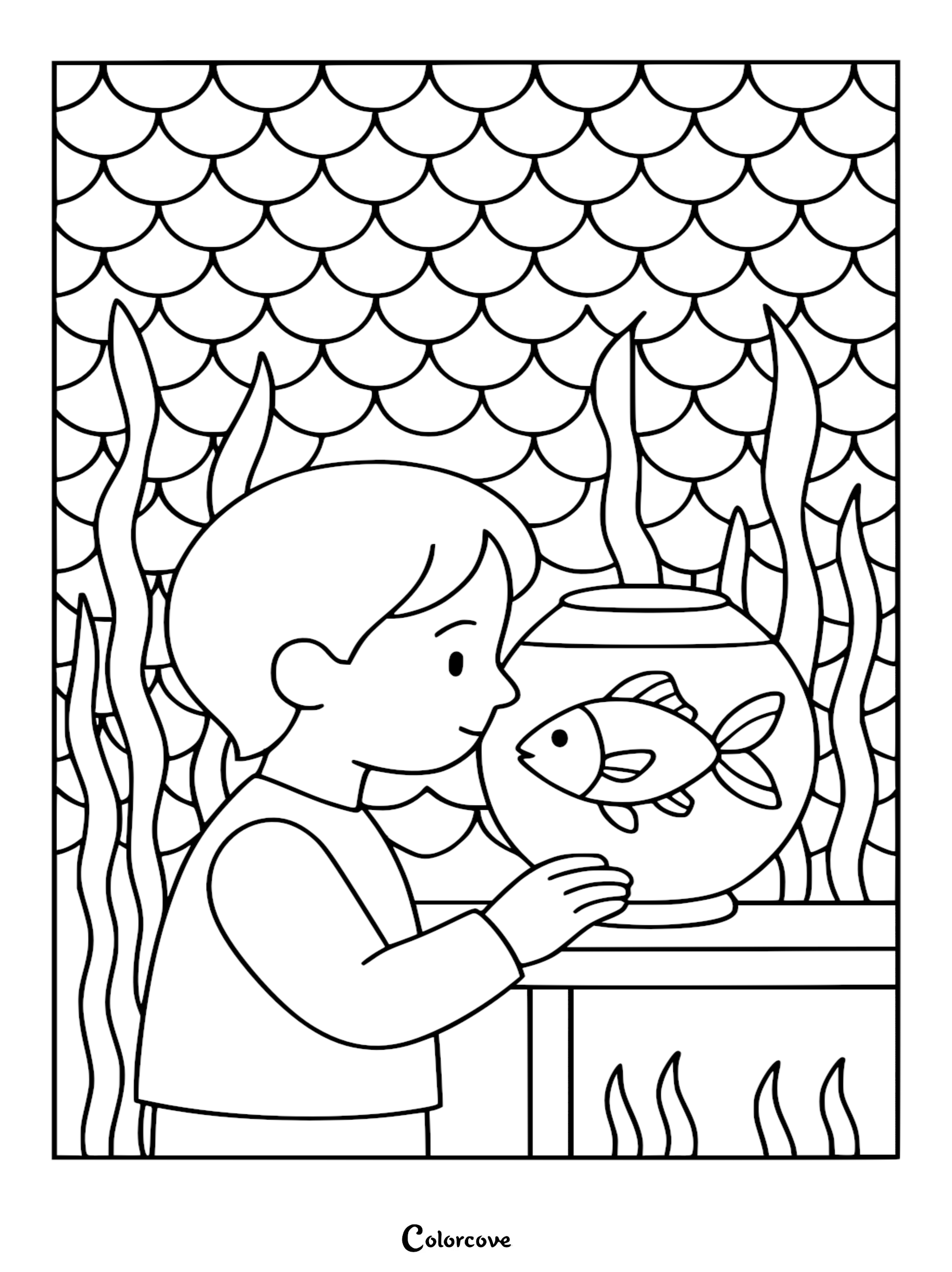 A printable coloring page featuring a young child looking at a pet goldfish in a round bowl, surrounded by seaweed patterns and scale-like wallpaper background.