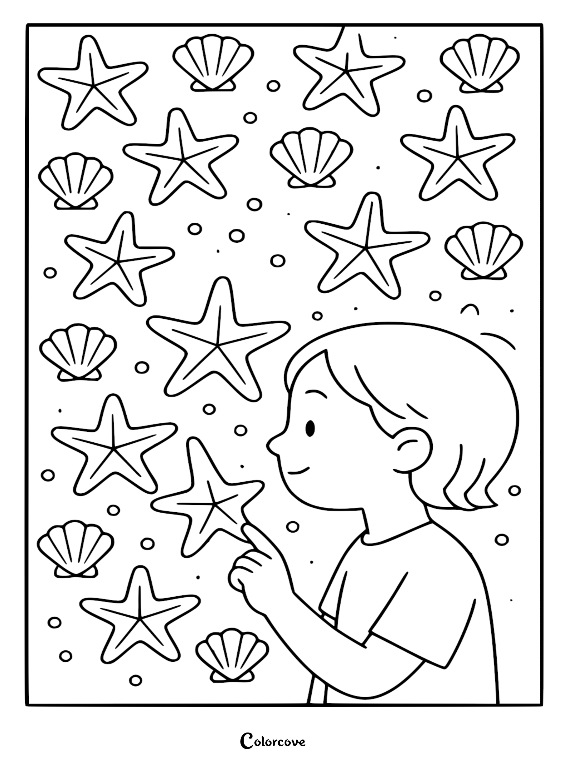 A young girl with short hair reaches out to touch a starfish on this aquarium theme coloring page featuring shells and bubbles.
